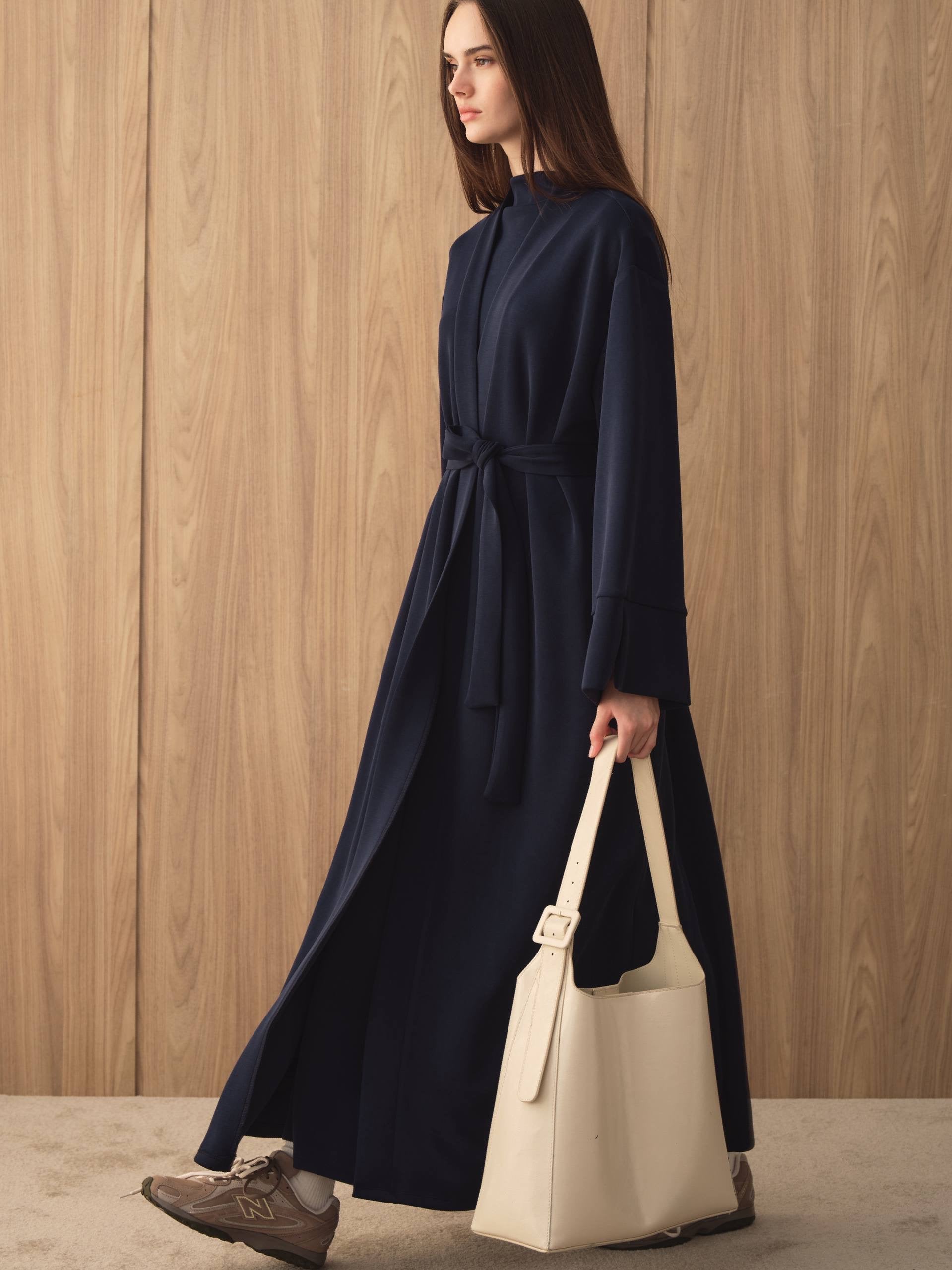 MOVE 01 Modal Stretch Abaya Set in Midnight Navy, movement view showing the fluid drape.