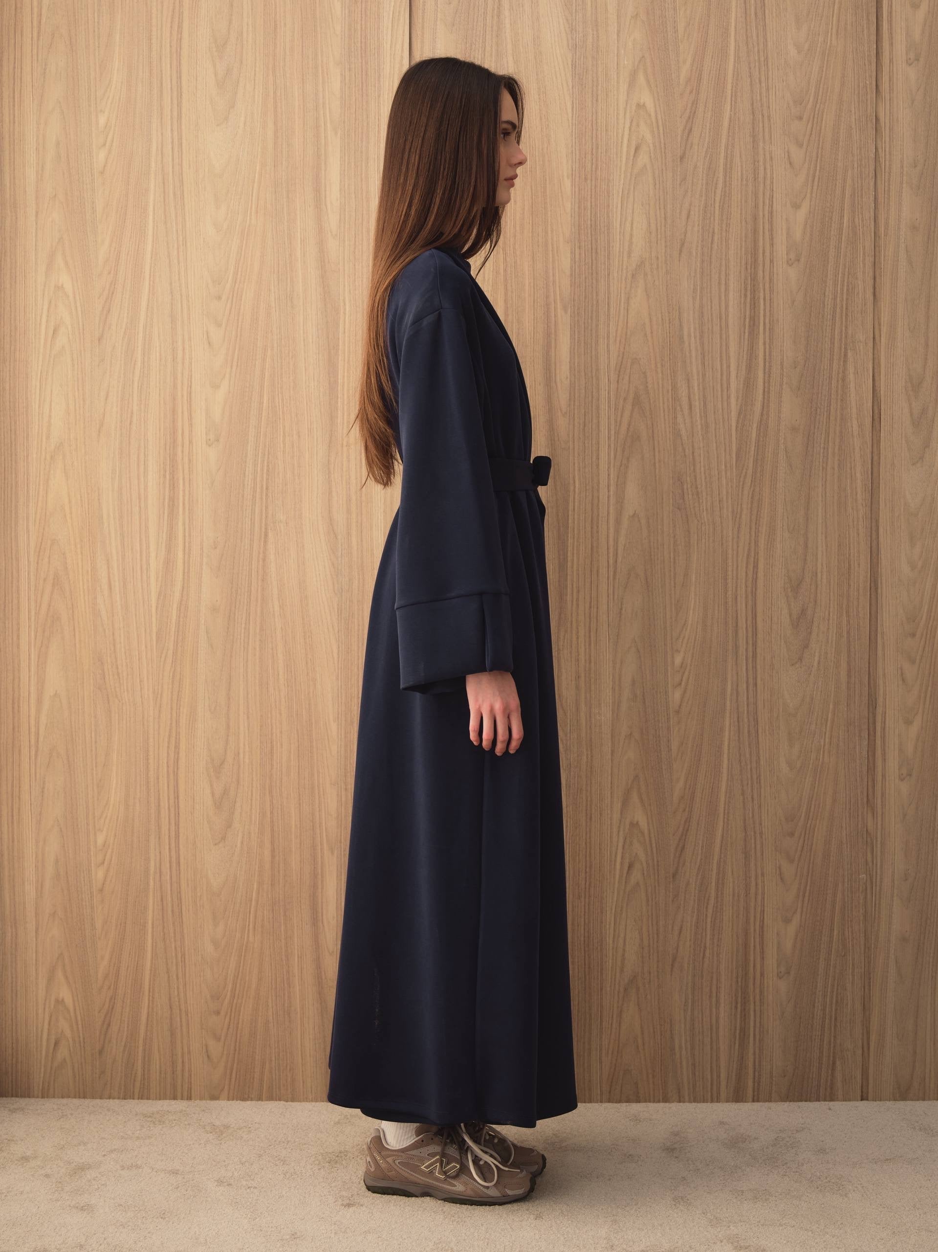 MOVE 01 Modal Stretch Abaya Set in Midnight Navy, side view showing the oversized drape.