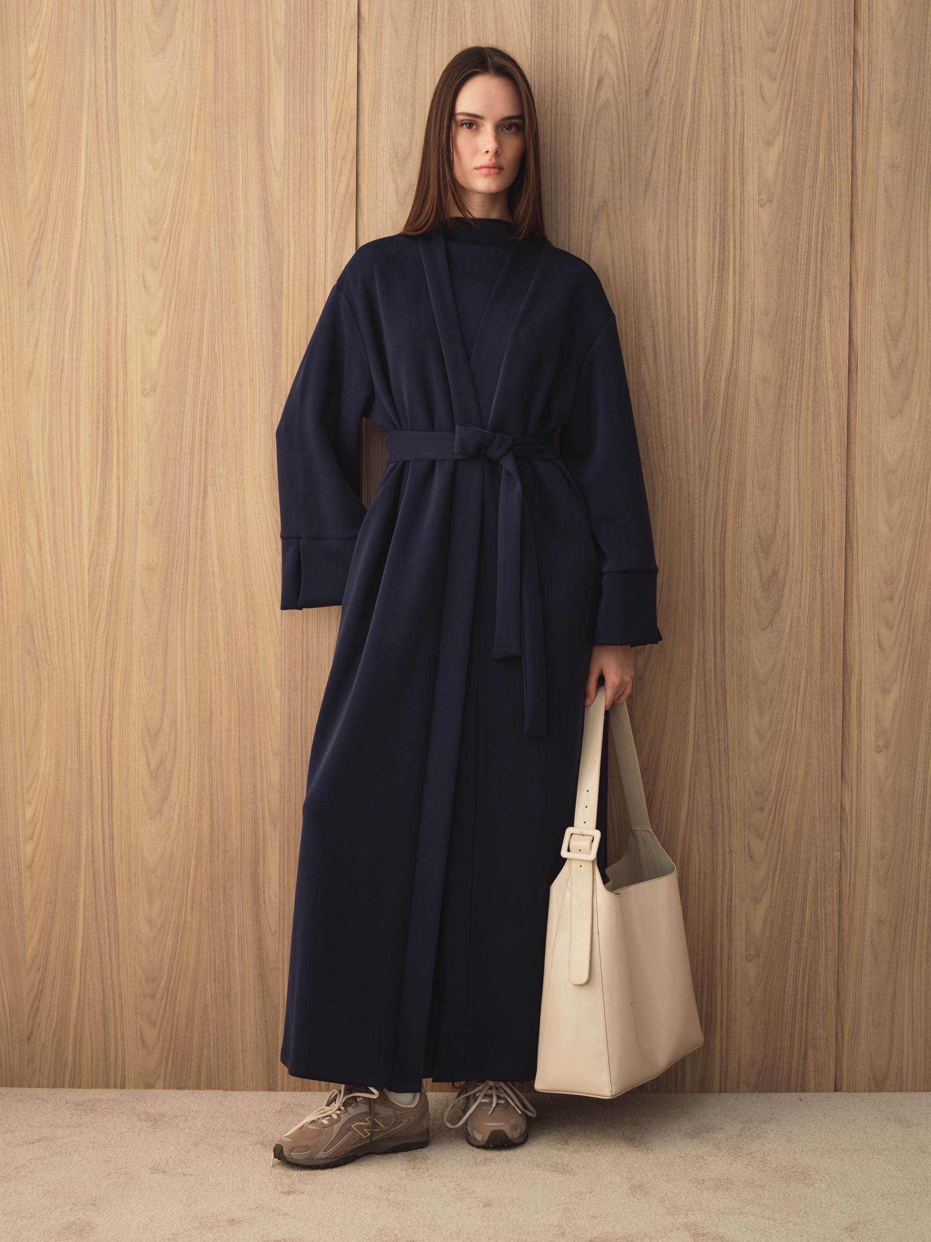 MOVE 01 Modal Stretch Abaya Set in Midnight Navy, three-quarter view.