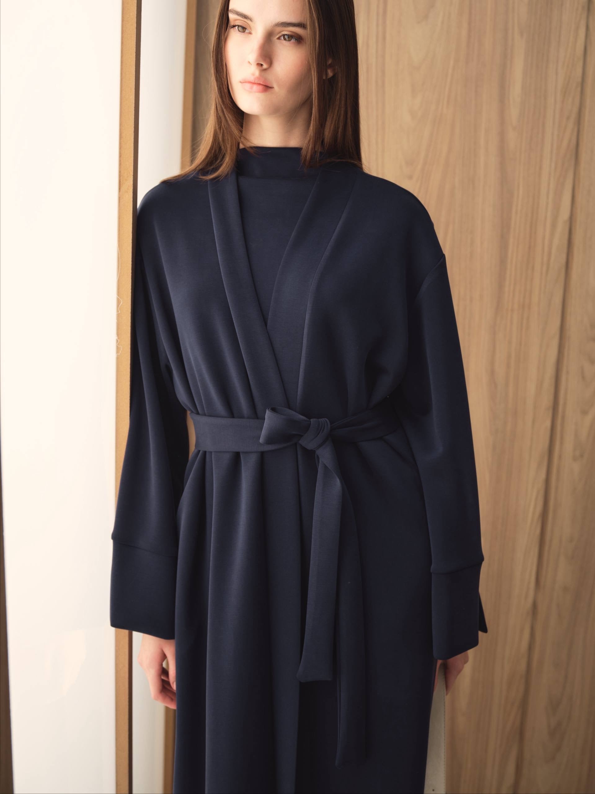 MOVE 01 Modal Stretch Abaya Set in Midnight Navy, upper garment view.