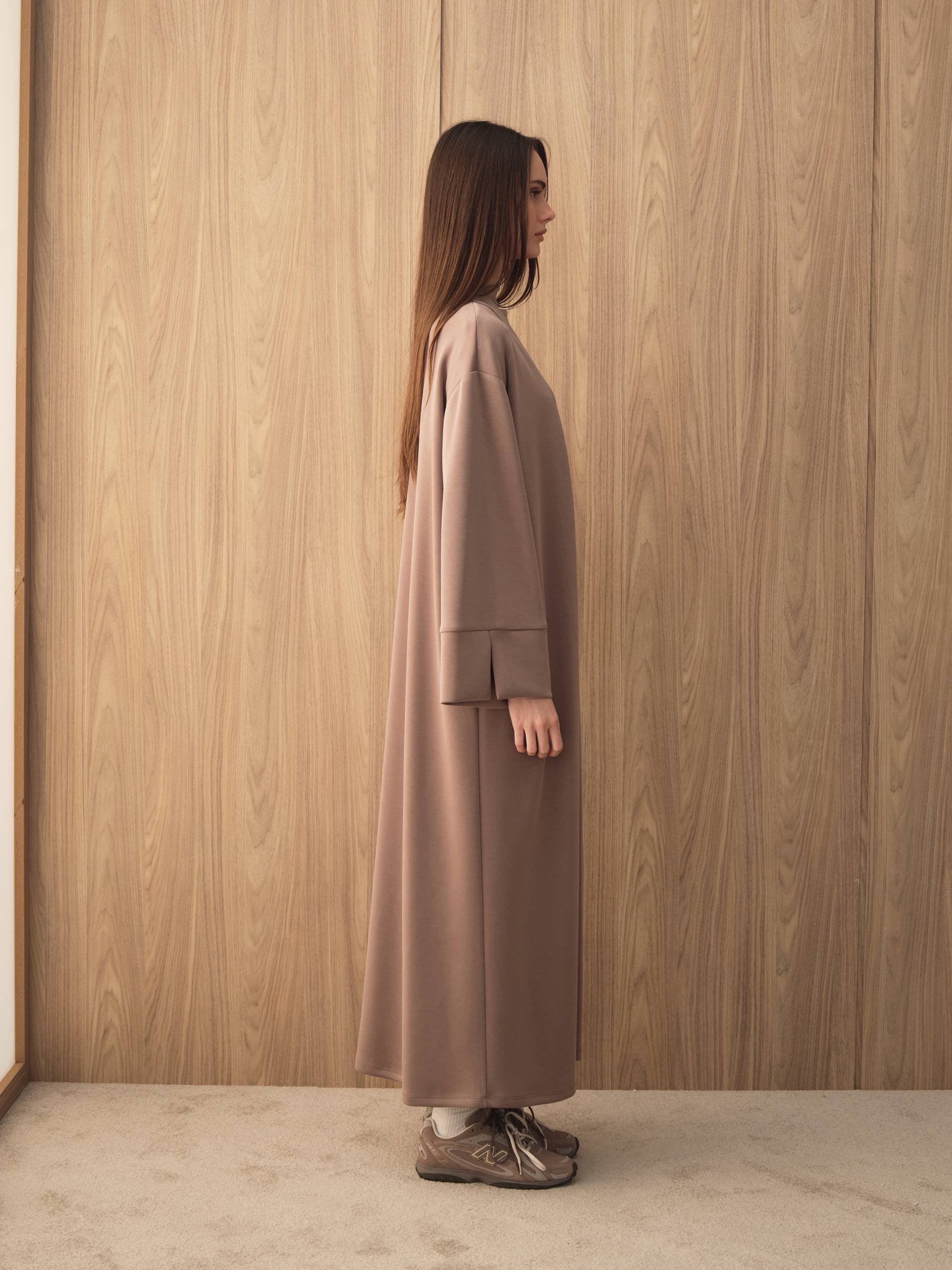 MOVE 01 Modal Stretch Abaya Set in Mink Cocoa Brown, back and side view.