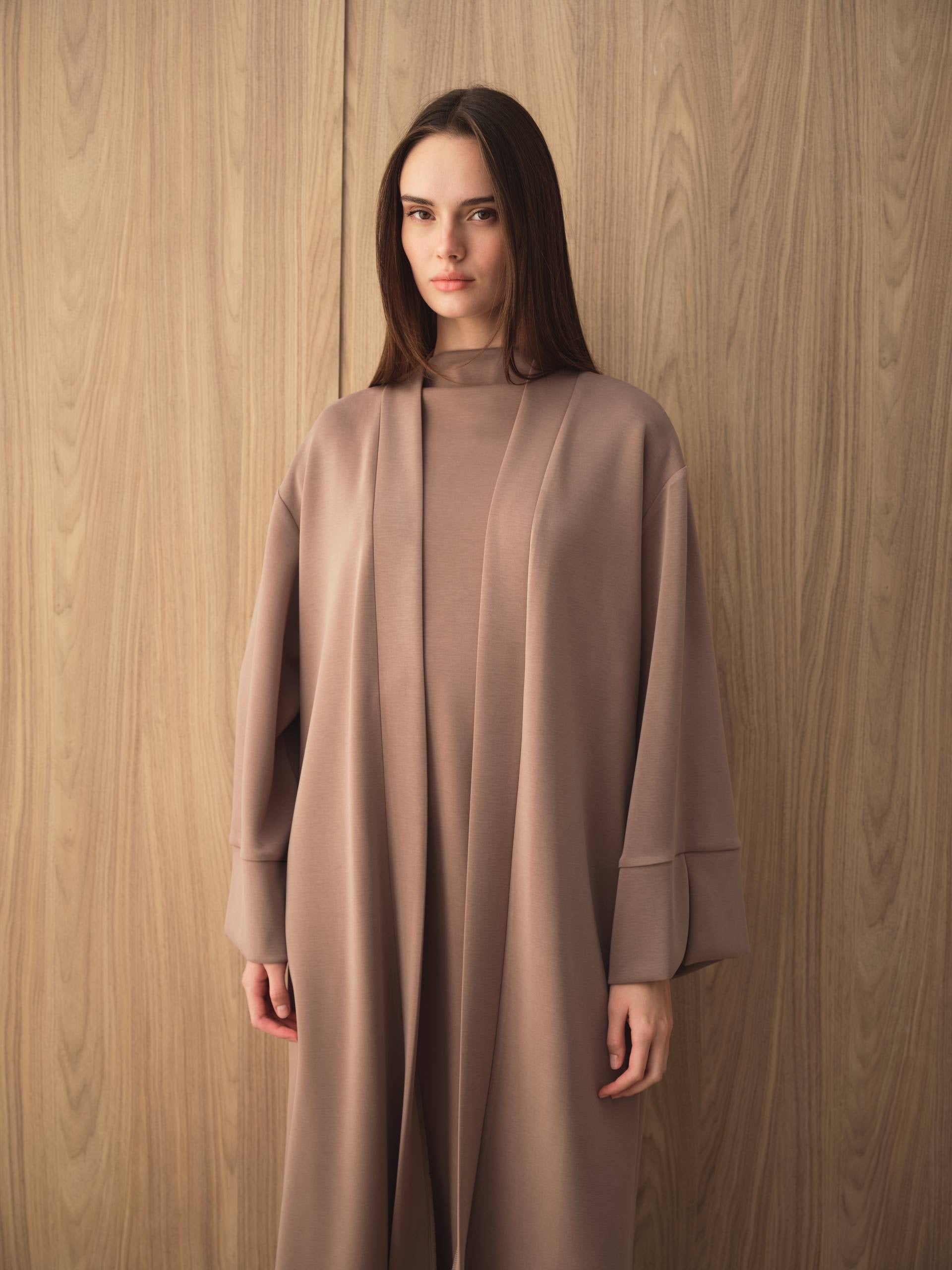 MOVE 01 Modal Stretch Abaya Set in Mink Cocoa Brown, front detail view.