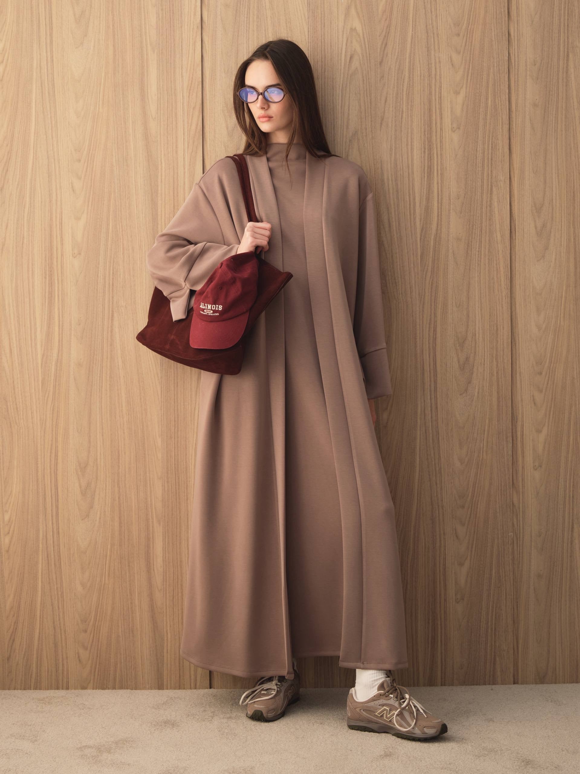MOVE 01 Modal Stretch Abaya Set in Mink Cocoa Brown, full-length lifestyle view.