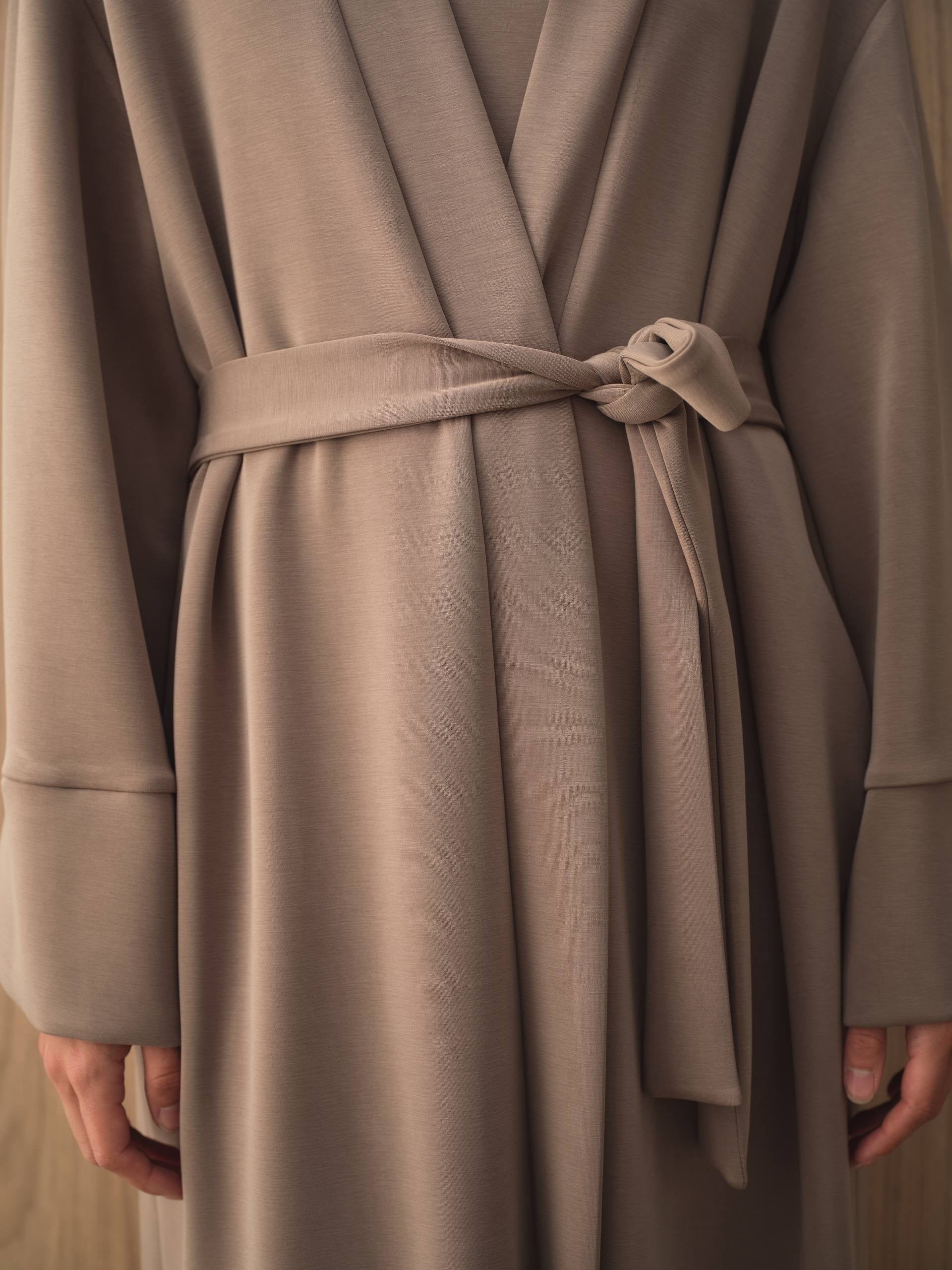 MOVE 01 Modal Stretch Abaya Set in Mushroom Taupe, belted styling detail.