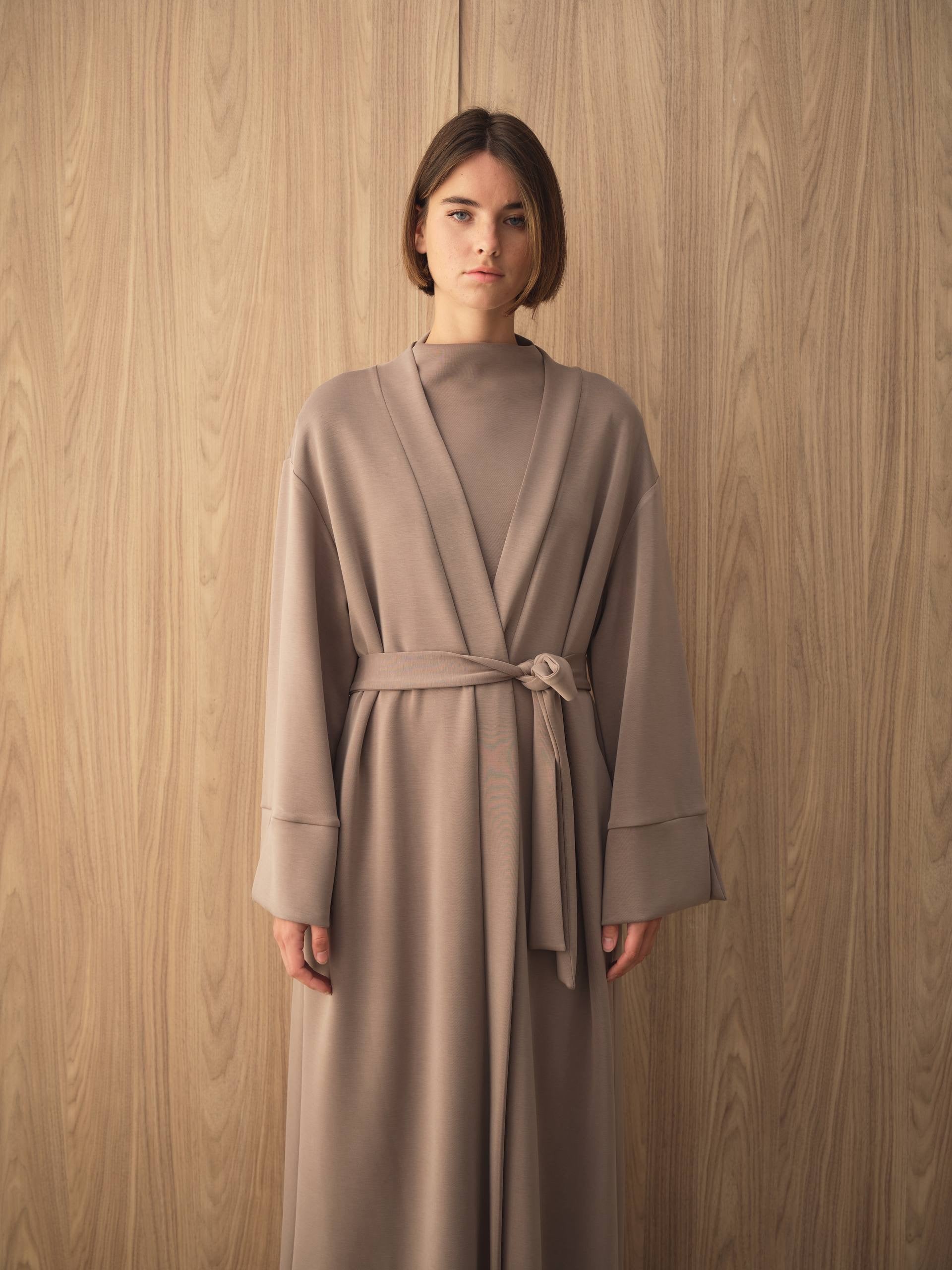 MOVE 01 Modal Stretch Abaya Set in Mushroom Taupe, full-length belted styling view.