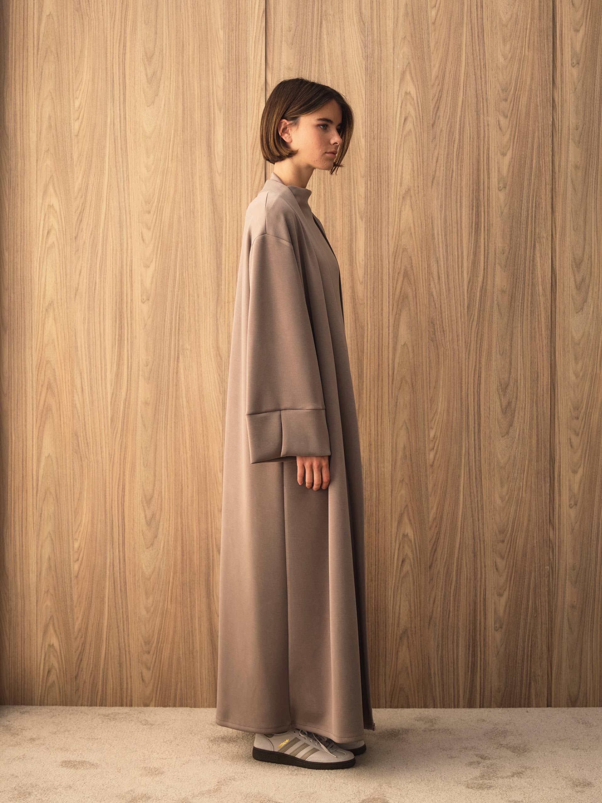 MOVE 01 Modal Stretch Abaya Set in Mushroom Taupe, side view.