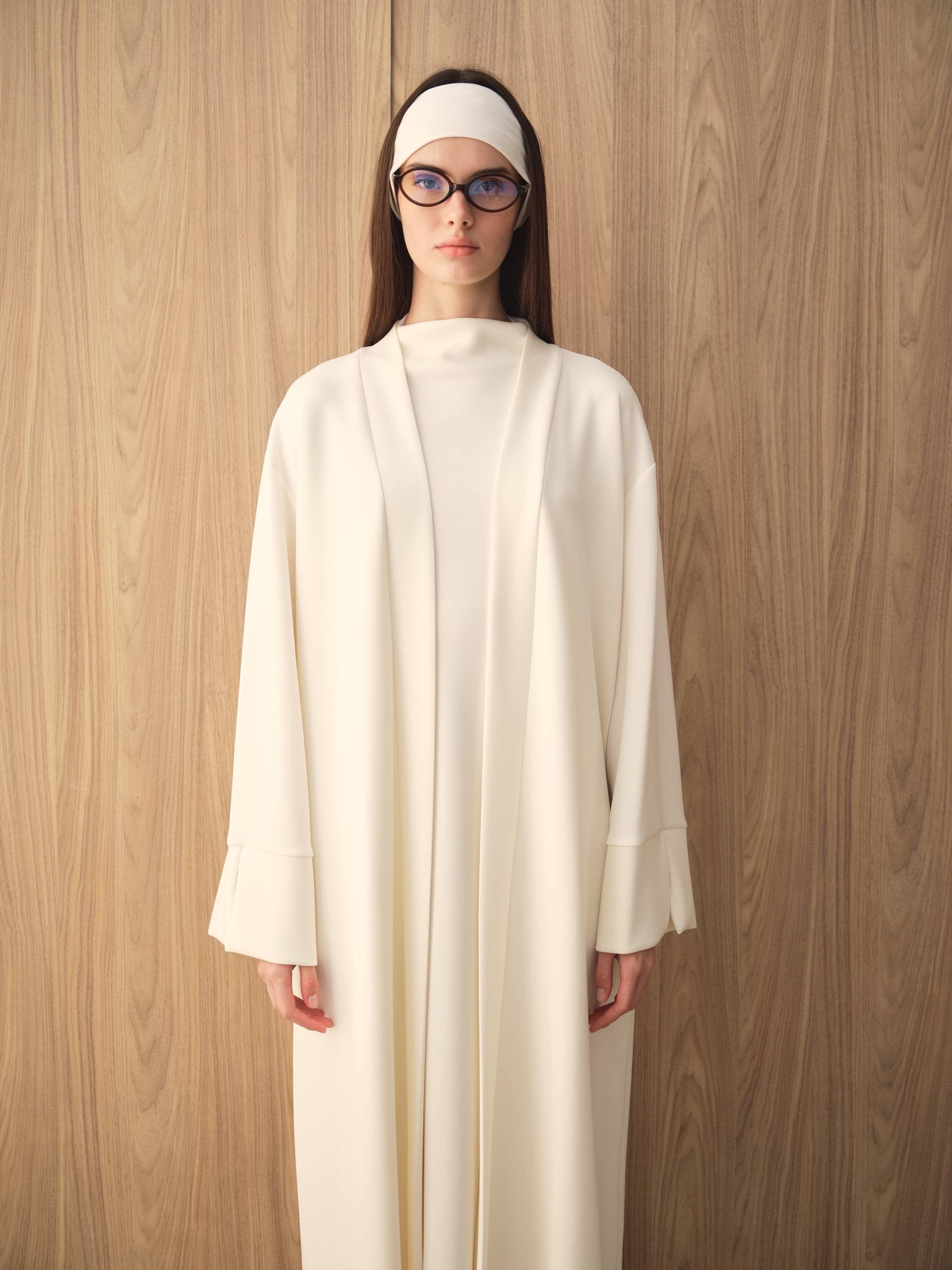 MOVE 01 Modal Stretch Abaya Set in Pearl Ivory, front detail view.