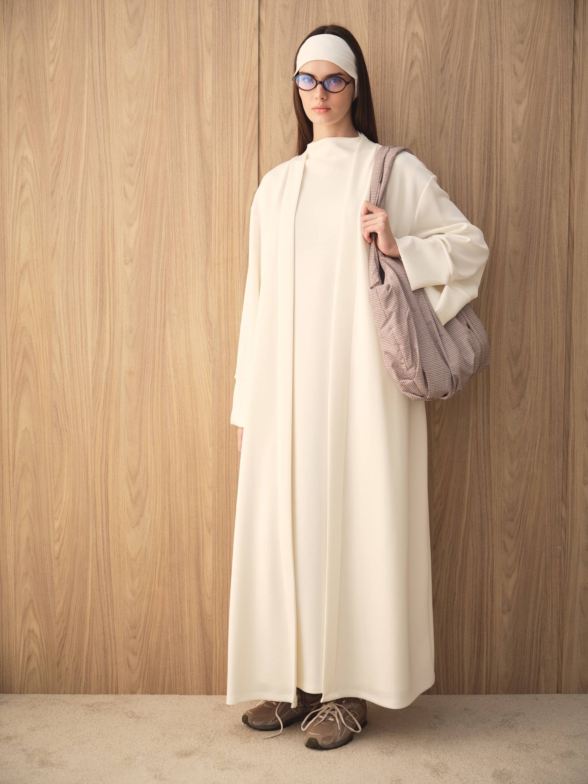 MOVE 01 Modal Stretch Abaya Set in Pearl Ivory, full-length styled view.
