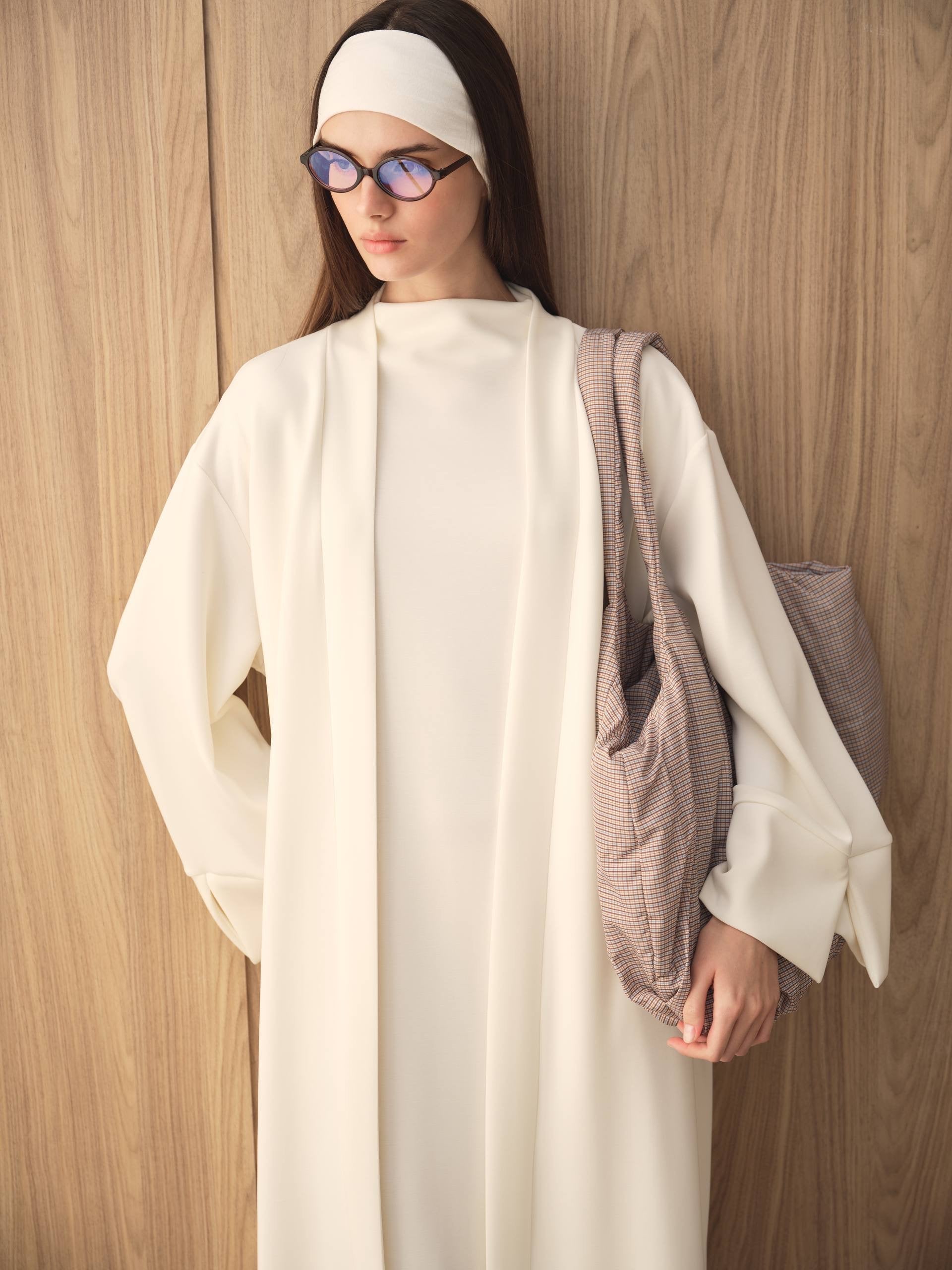 MOVE 01 Modal Stretch Abaya Set in Pearl Ivory, upper garment view.