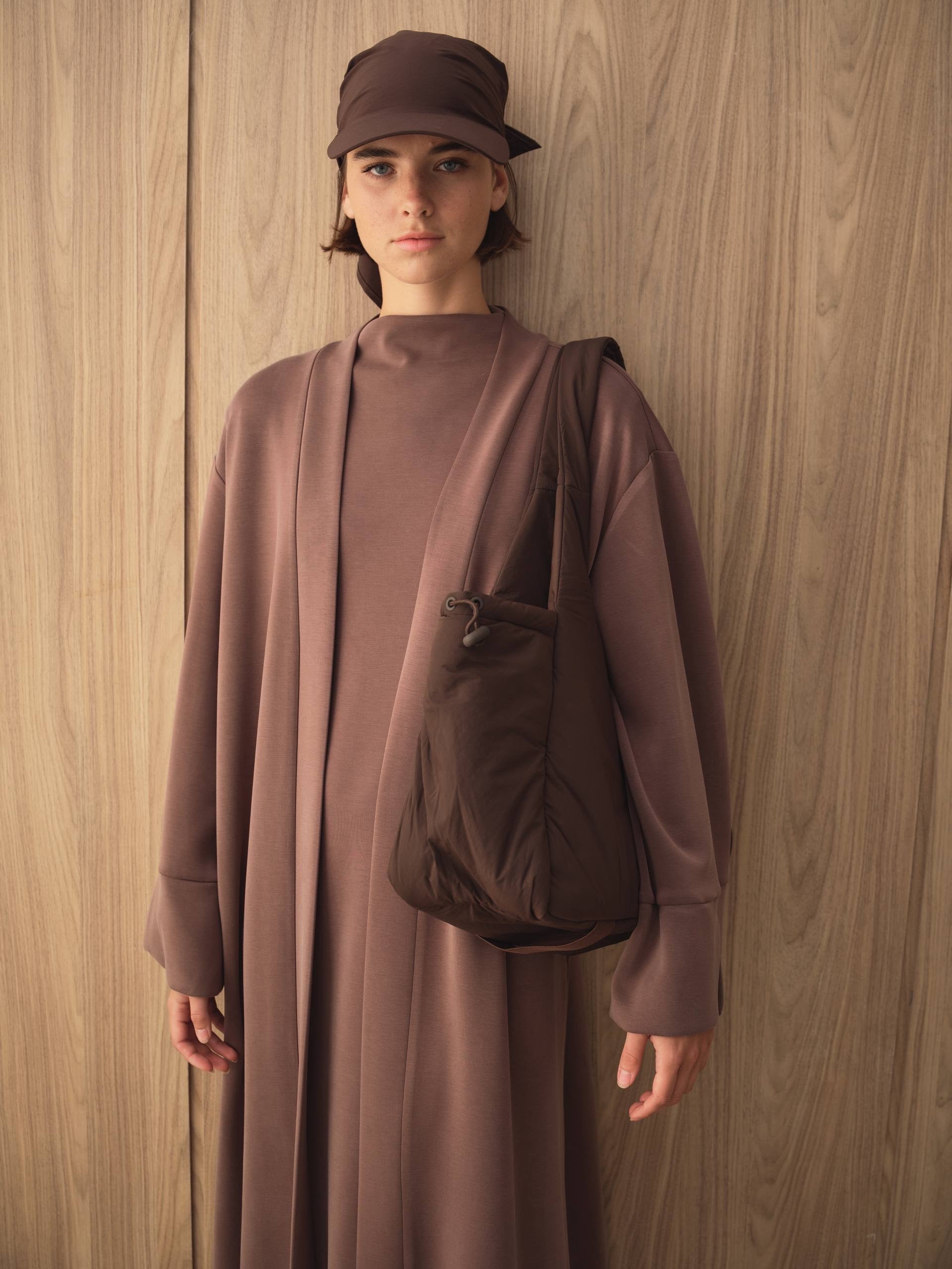MOVE 01 Modal Stretch Abaya Set in Smoked Plum, front upper view.