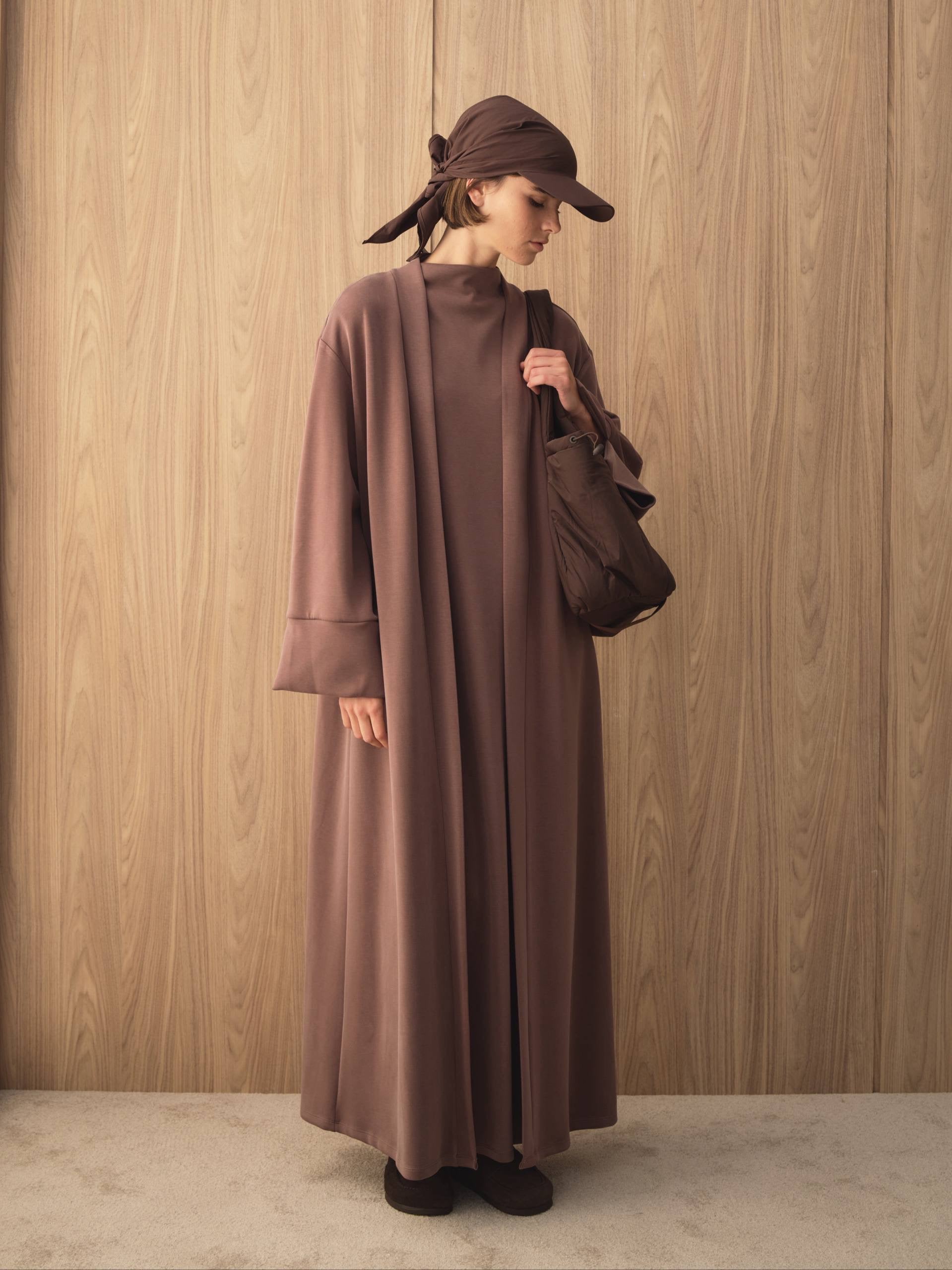 MOVE 01 Modal Stretch Abaya Set in Smoked Plum, three-quarter view.