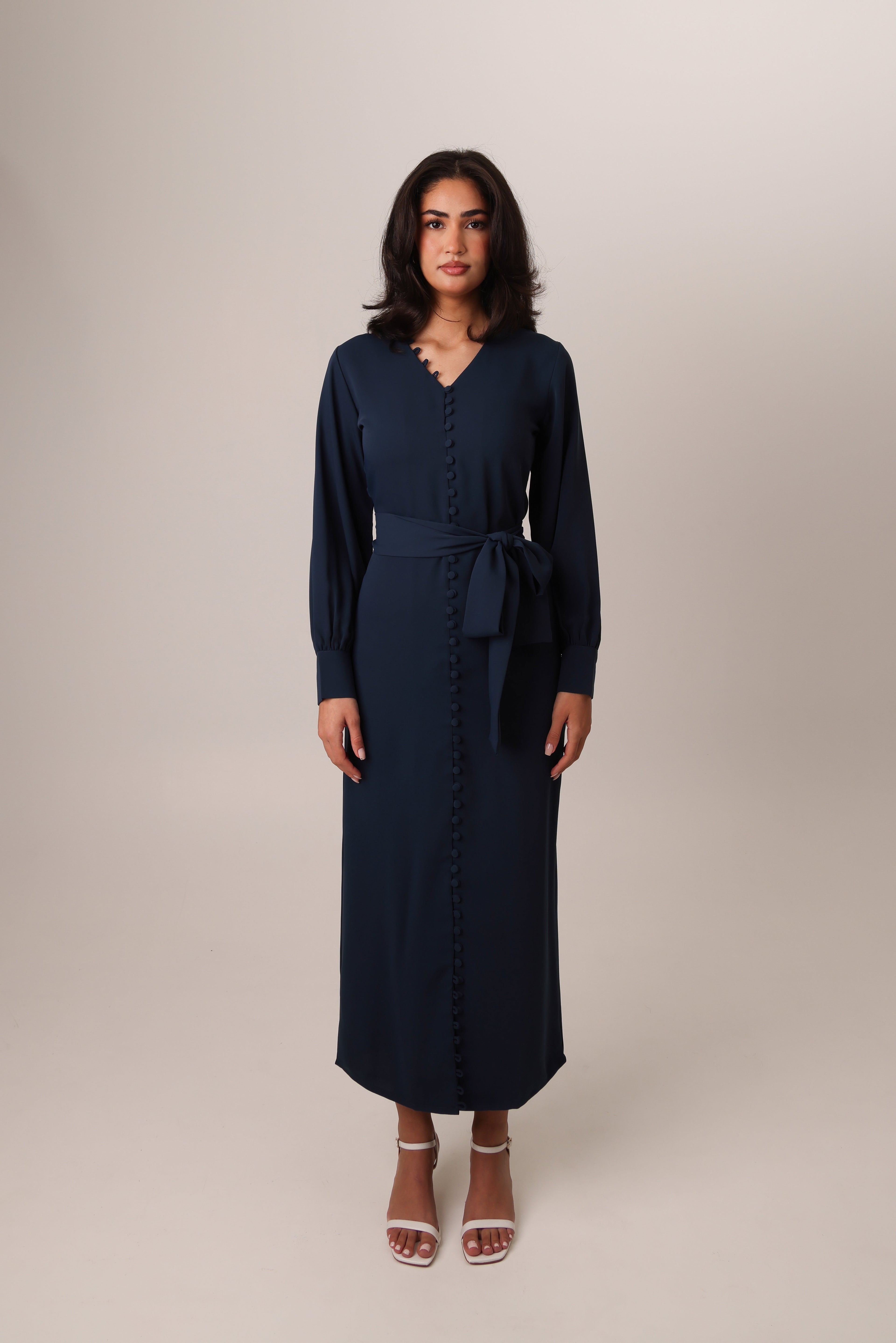Navy Blue Noura silky buttoned maxi dress – look 1
