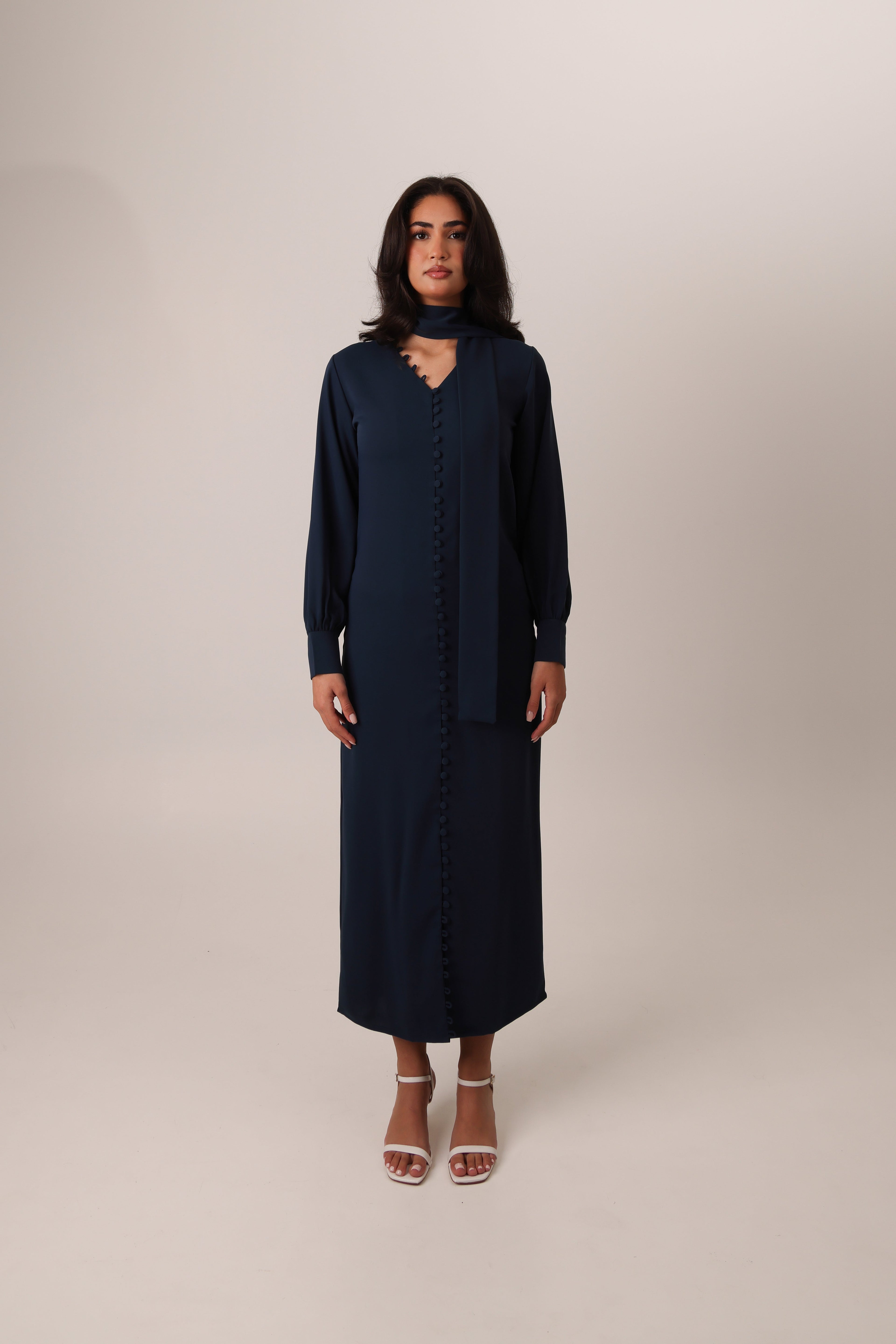 Navy Blue Noura silky buttoned maxi dress – look 2