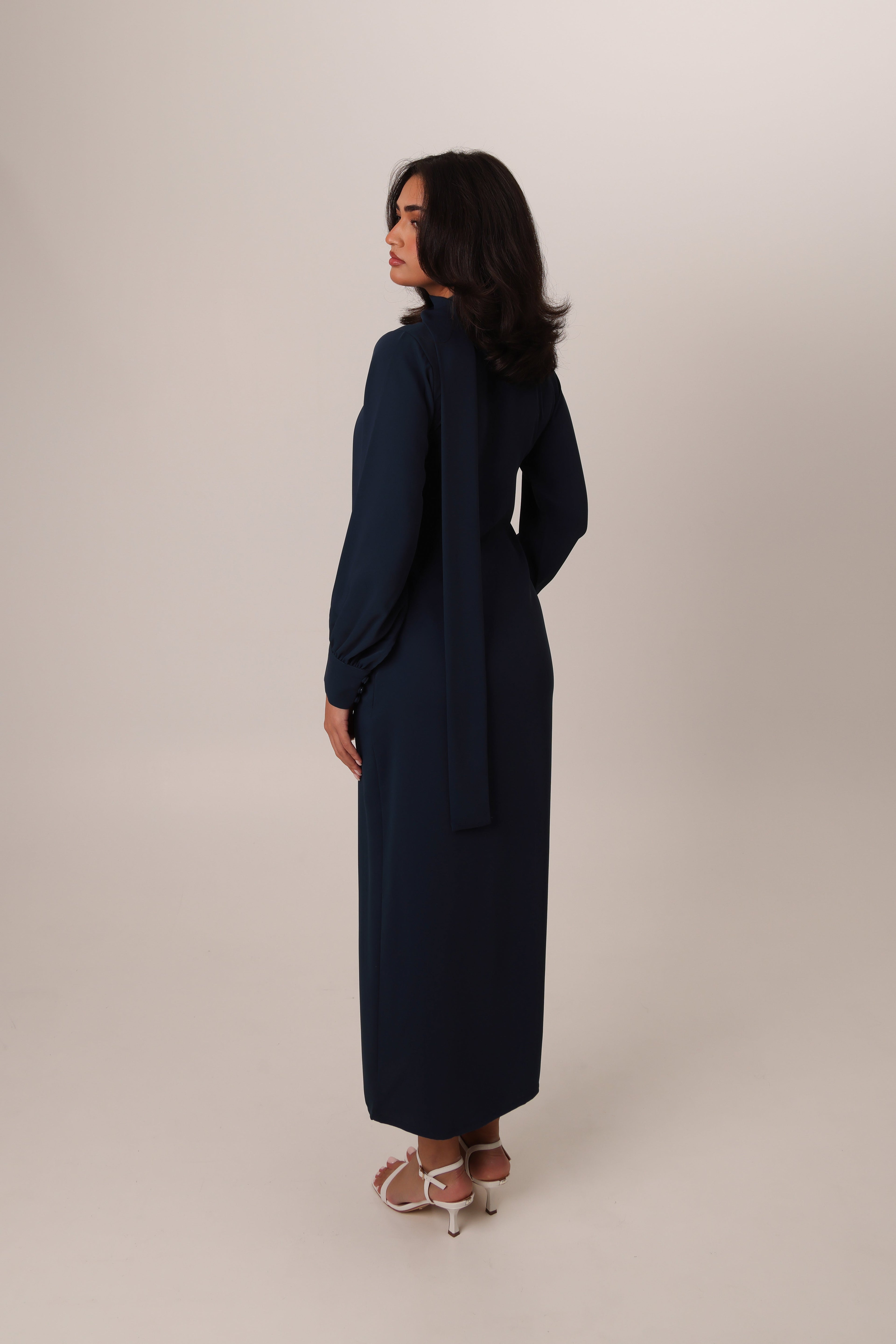 Navy Blue Noura silky buttoned maxi dress – look 3