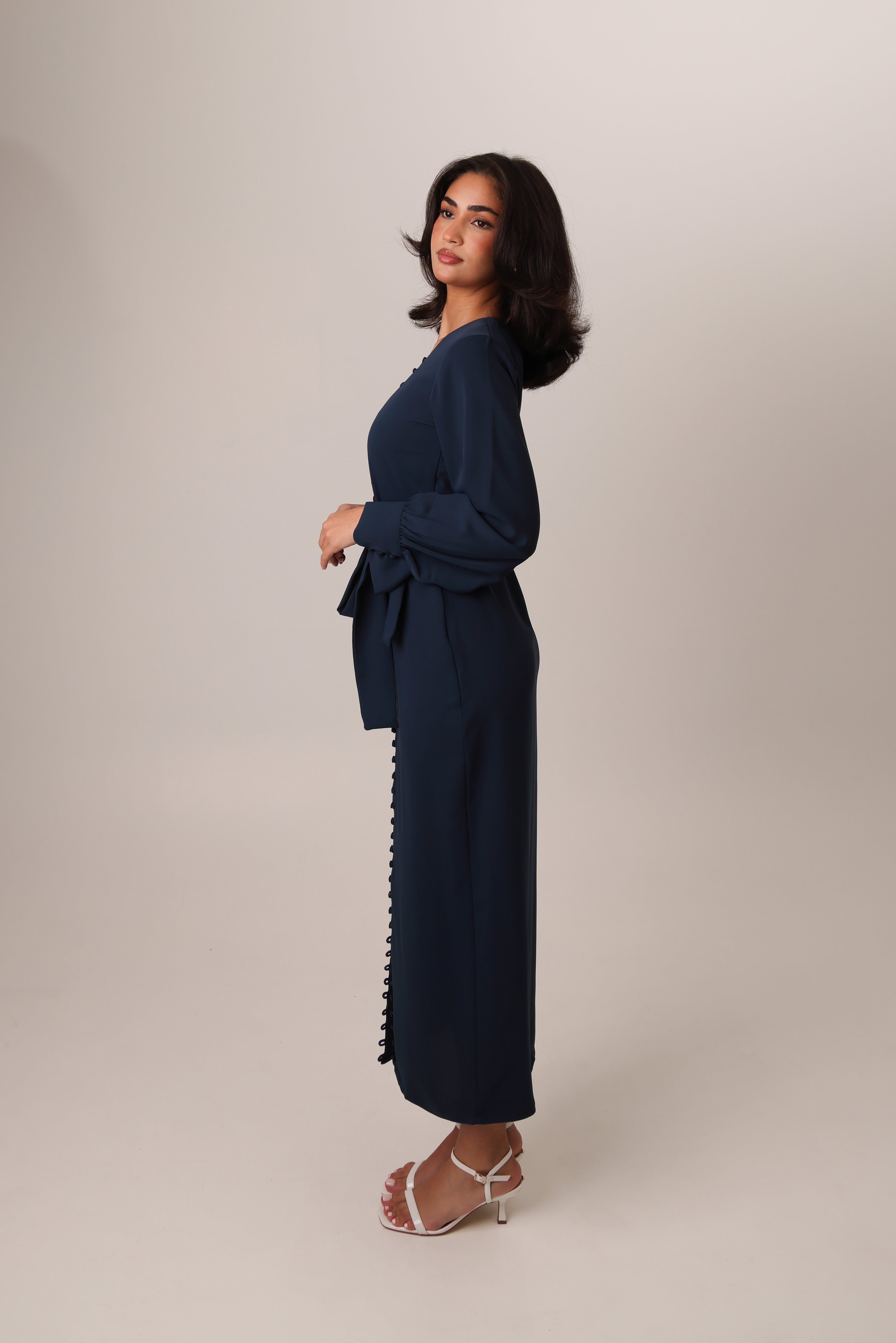 Navy Blue Noura silky buttoned maxi dress – look 4