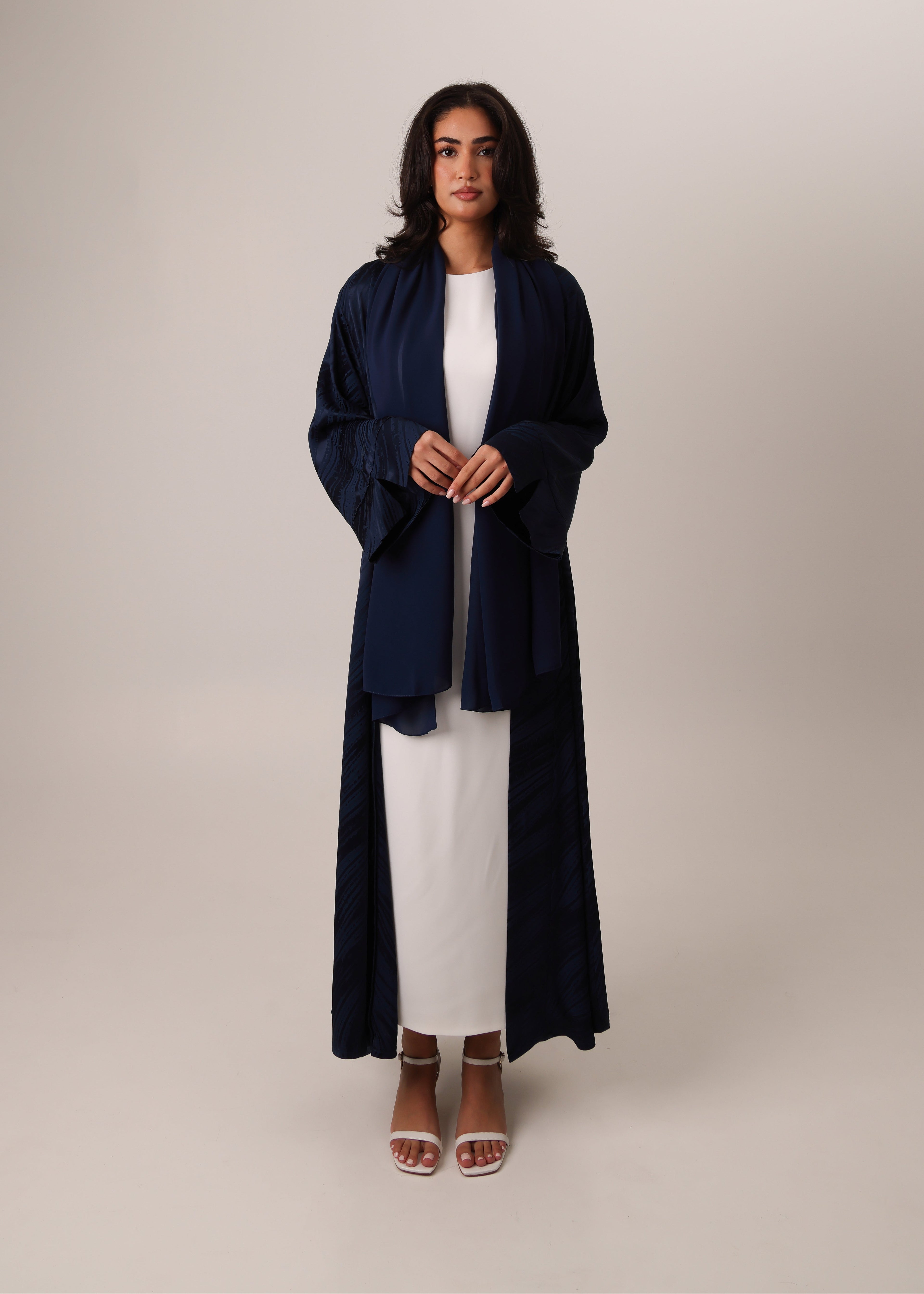Navy Blue Turkish silky viscose jacquard open abaya – look 1