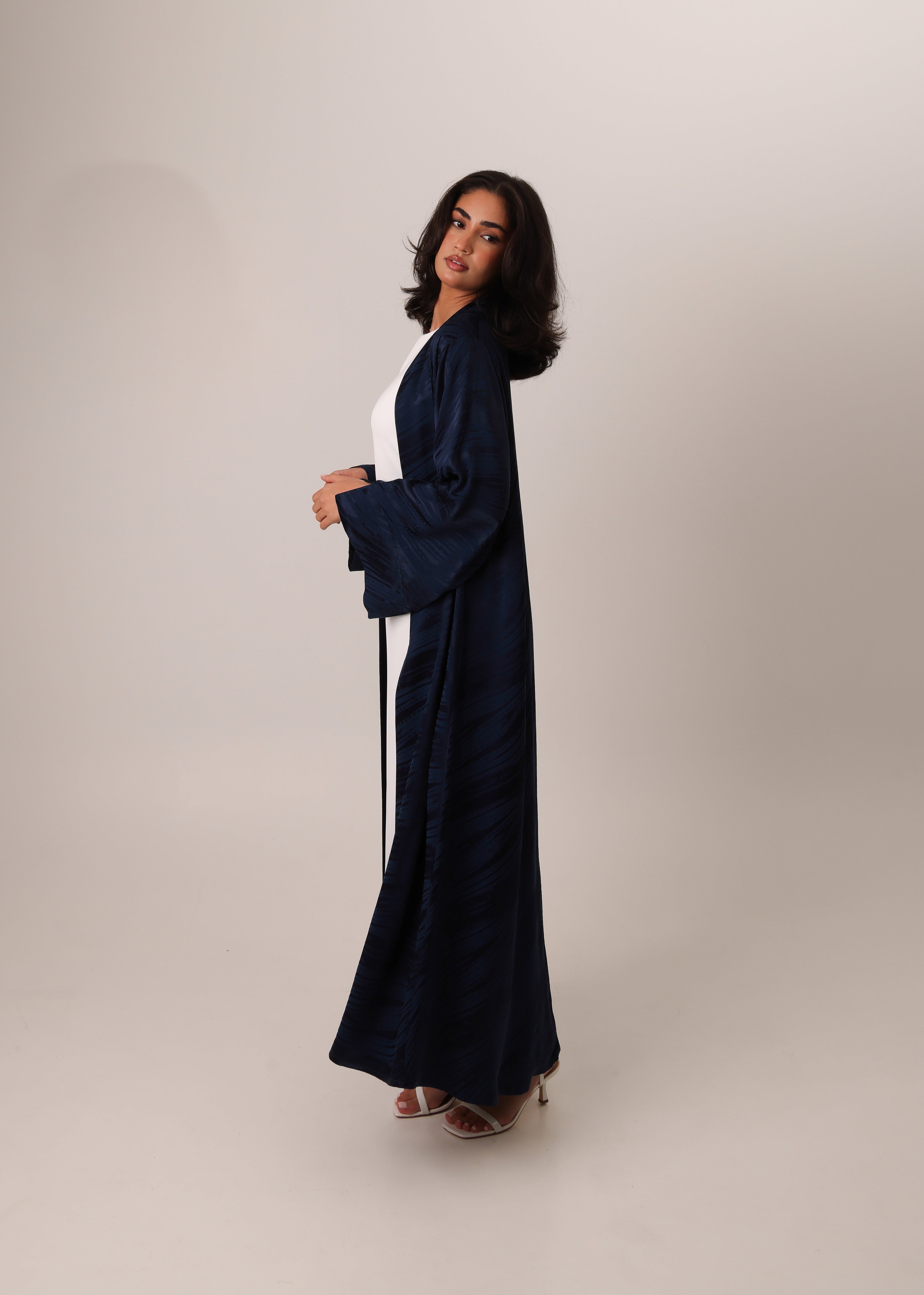 Navy Blue Turkish silky viscose jacquard open abaya – look 2