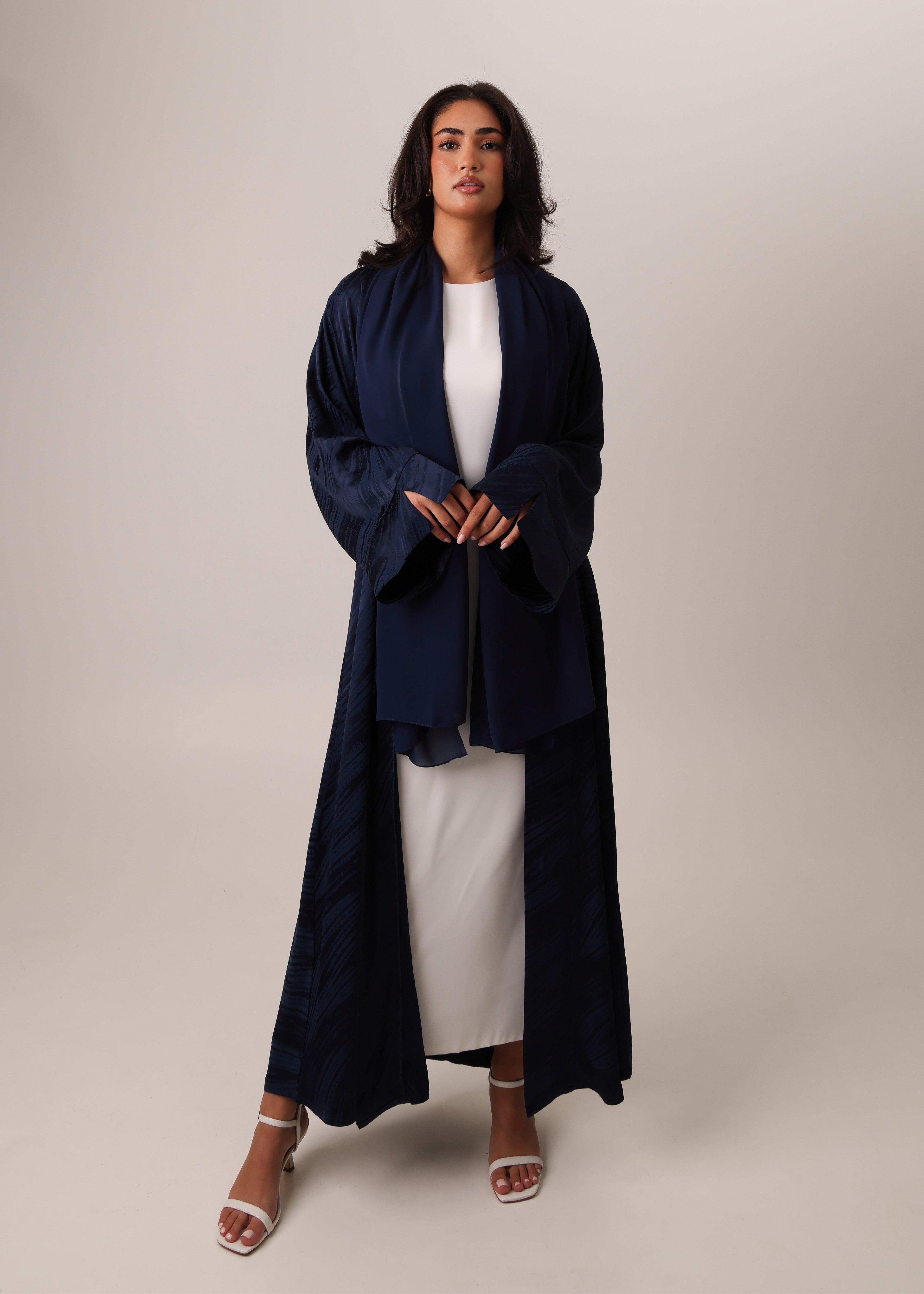 Navy Blue Turkish silky viscose jacquard open abaya – look 3