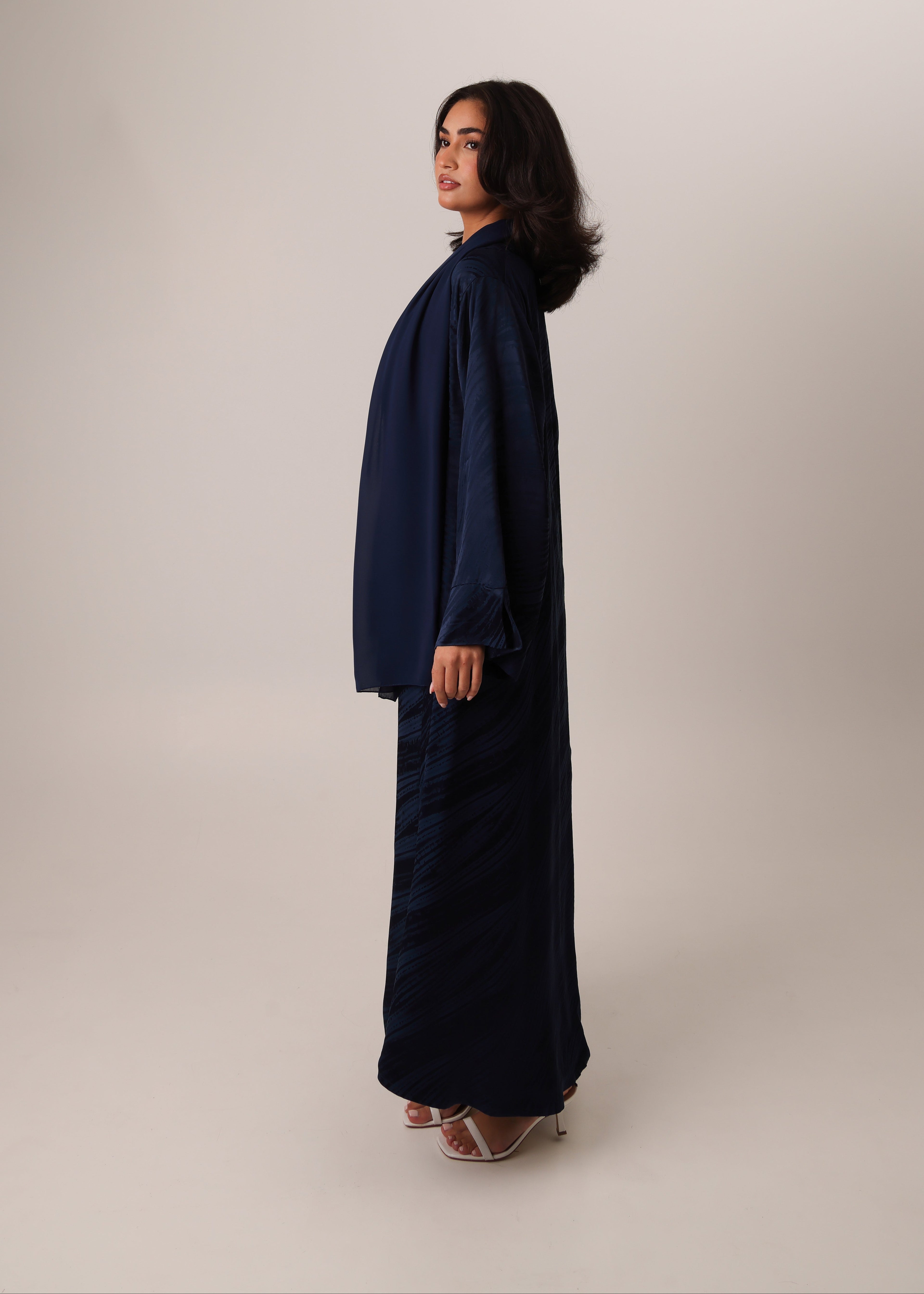 Navy Blue Turkish silky viscose jacquard open abaya – look 4