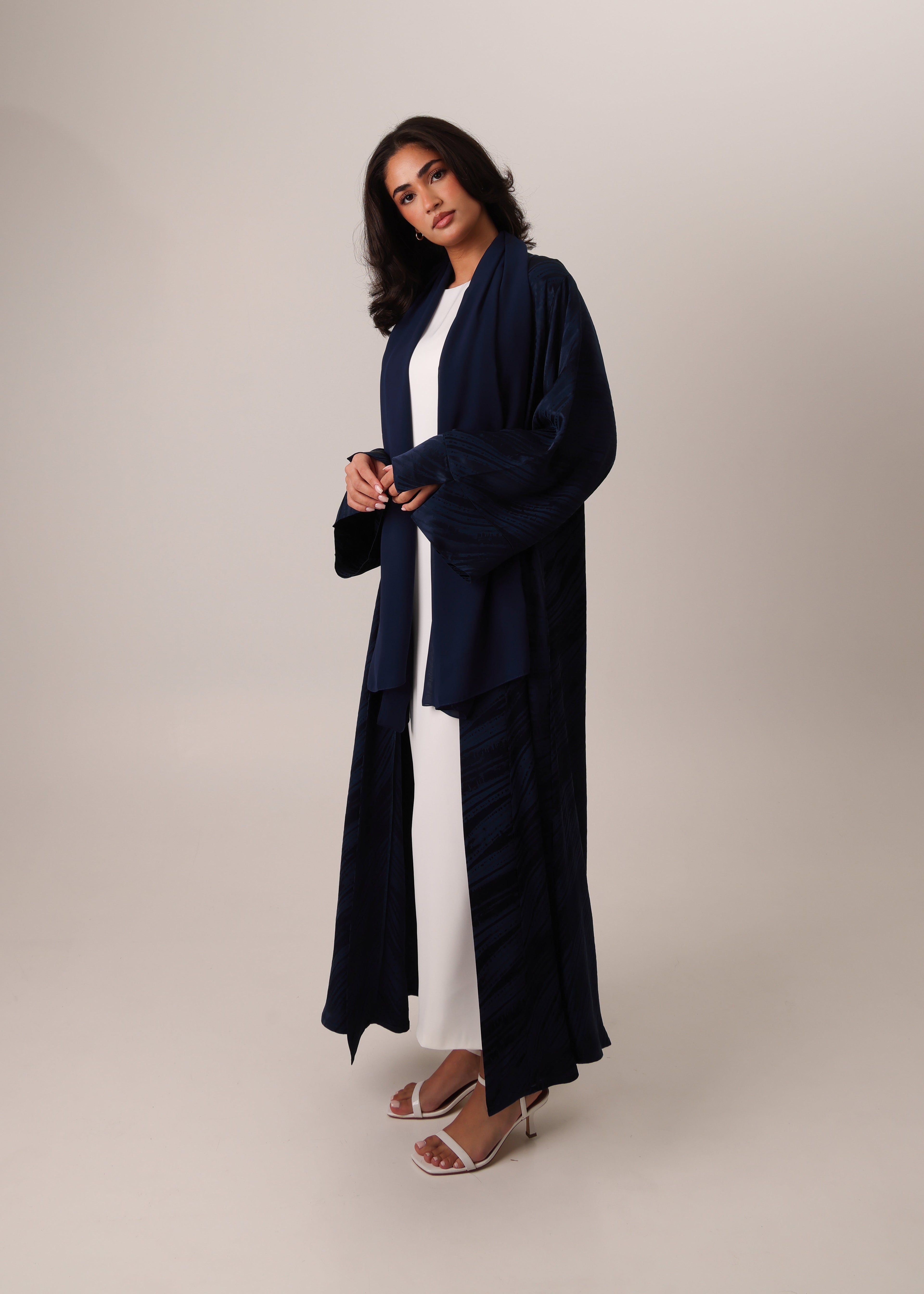 Navy Blue Turkish silky viscose jacquard open abaya – look 5