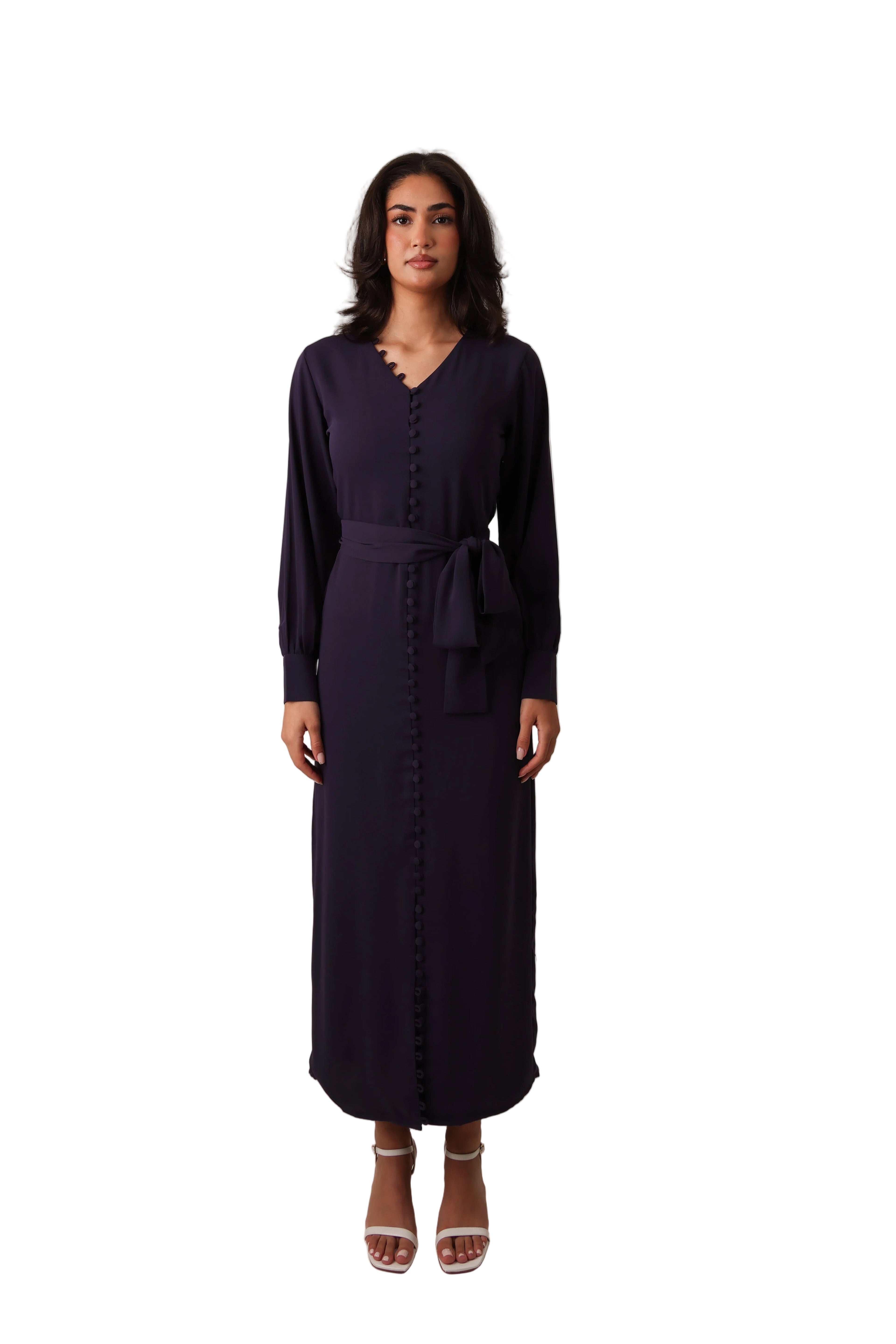Purple Noura silky buttoned maxi dress – look 1