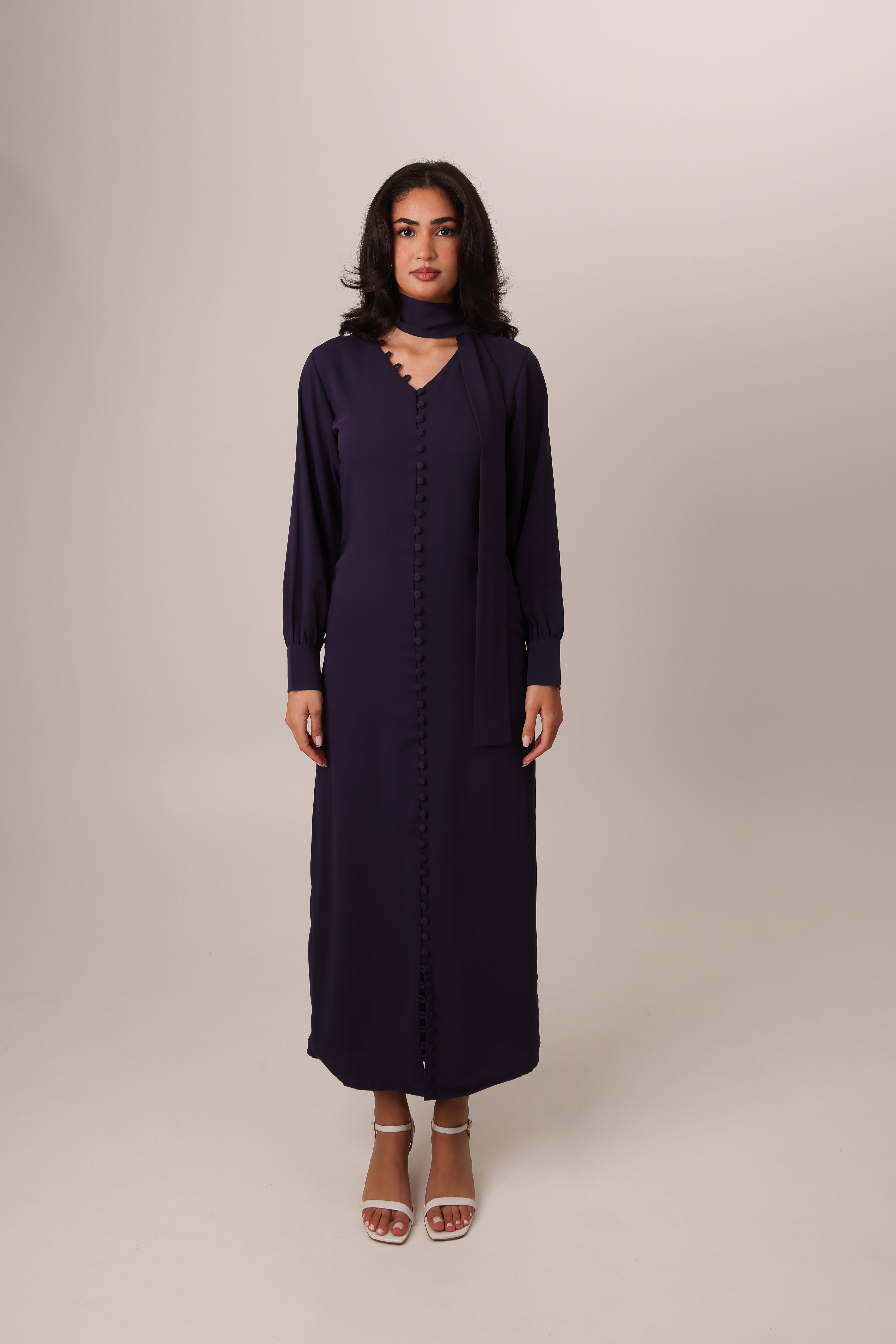 Purple Noura silky buttoned maxi dress – look 2