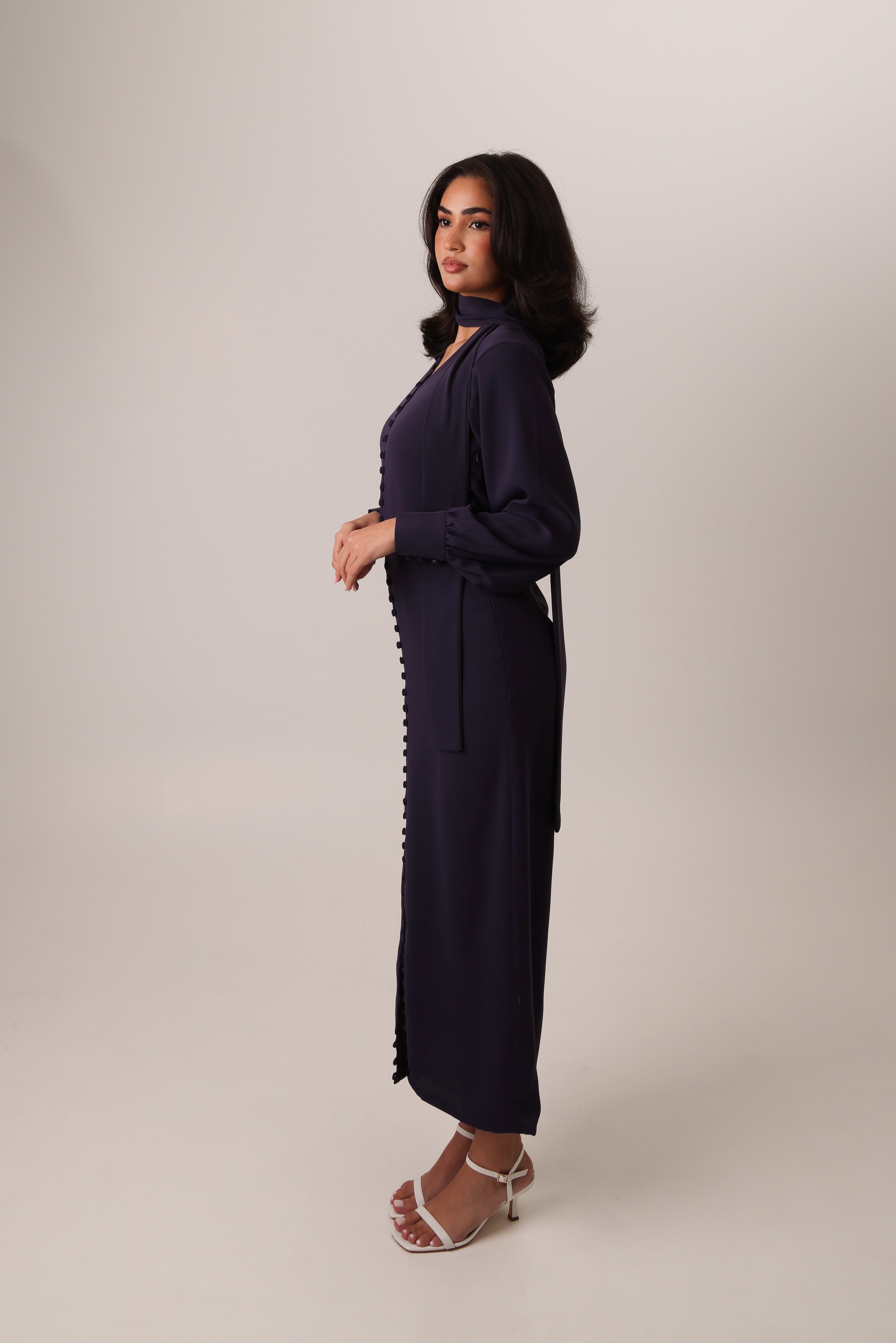 Purple Noura silky buttoned maxi dress – look 3