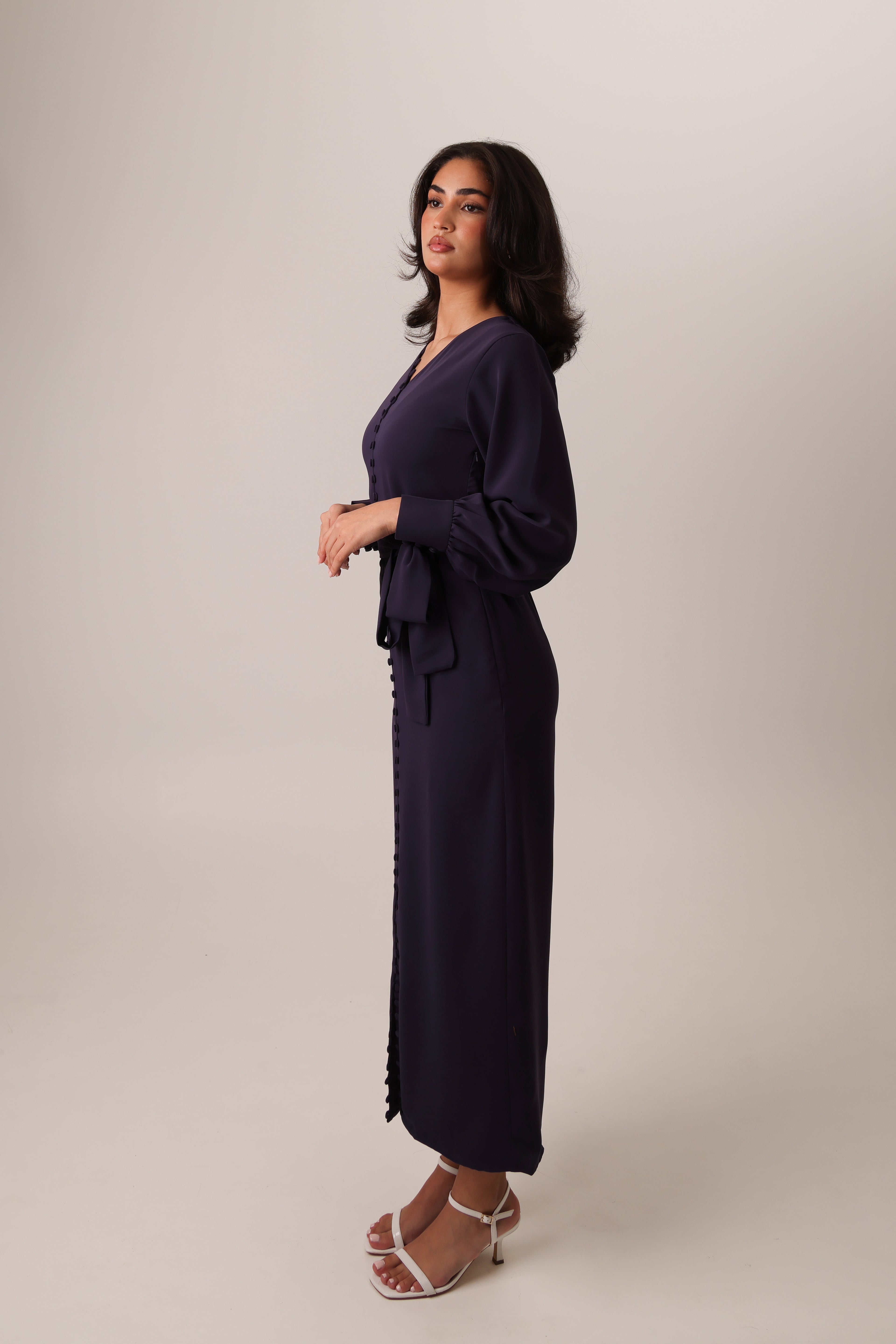 Purple Noura silky buttoned maxi dress – look 4