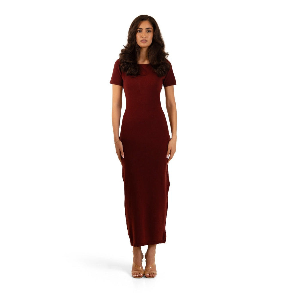 Cherry Burgundy knitted maxi underdress from the Sienna 3-piece cardigan and dress set, full-length standalone view.