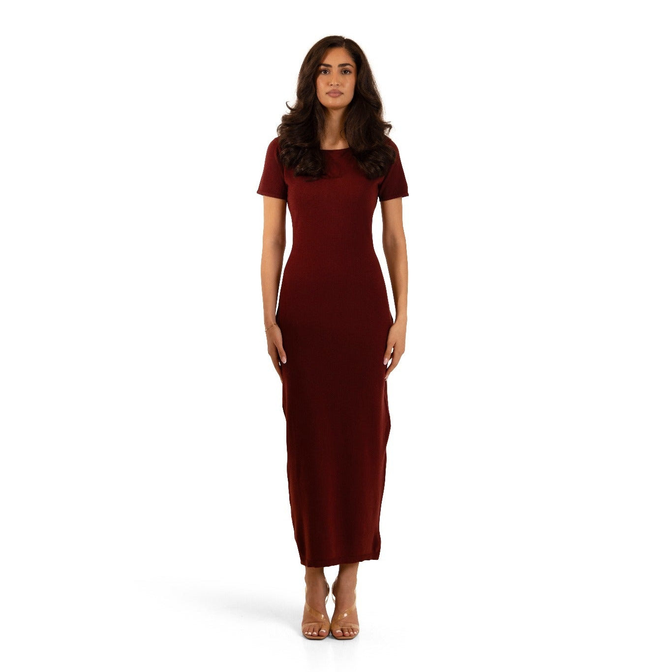 Cherry Burgundy knitted maxi underdress from the Sienna 3-piece cardigan and dress set, full-length front view.