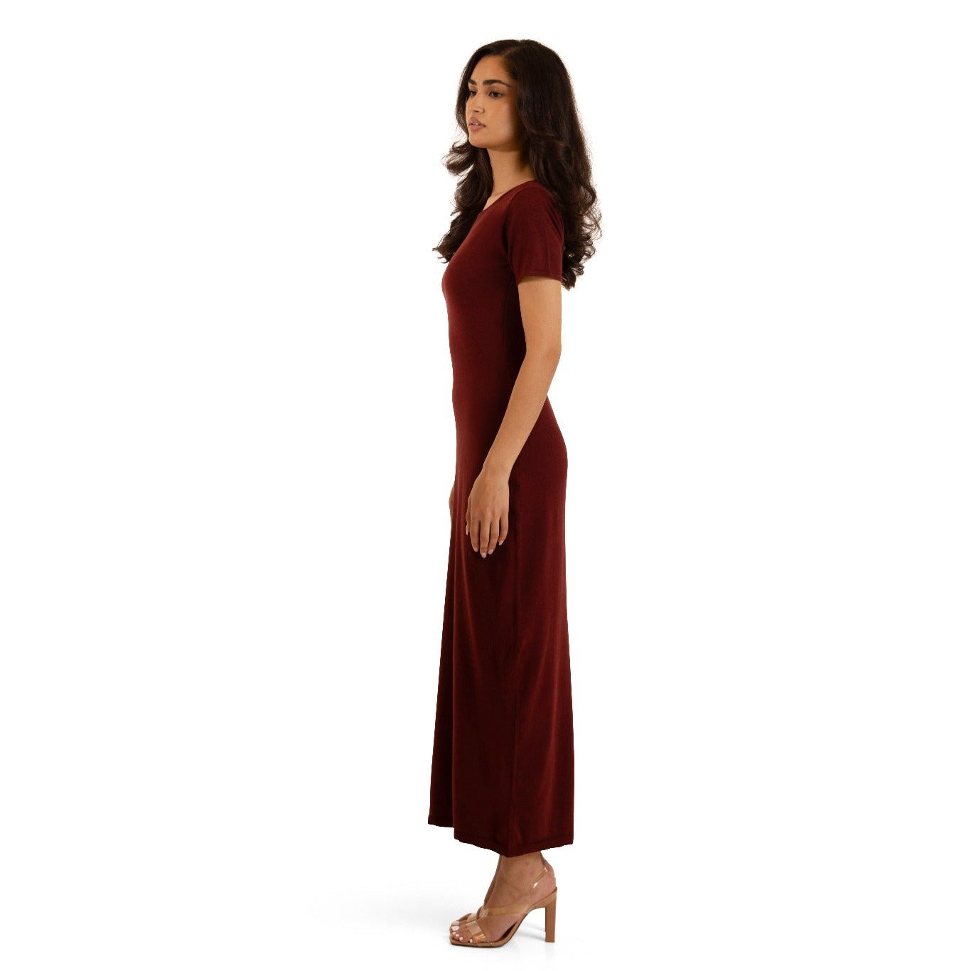 Cherry Burgundy knitted maxi underdress from the Sienna 3-piece set, full-length side profile view.