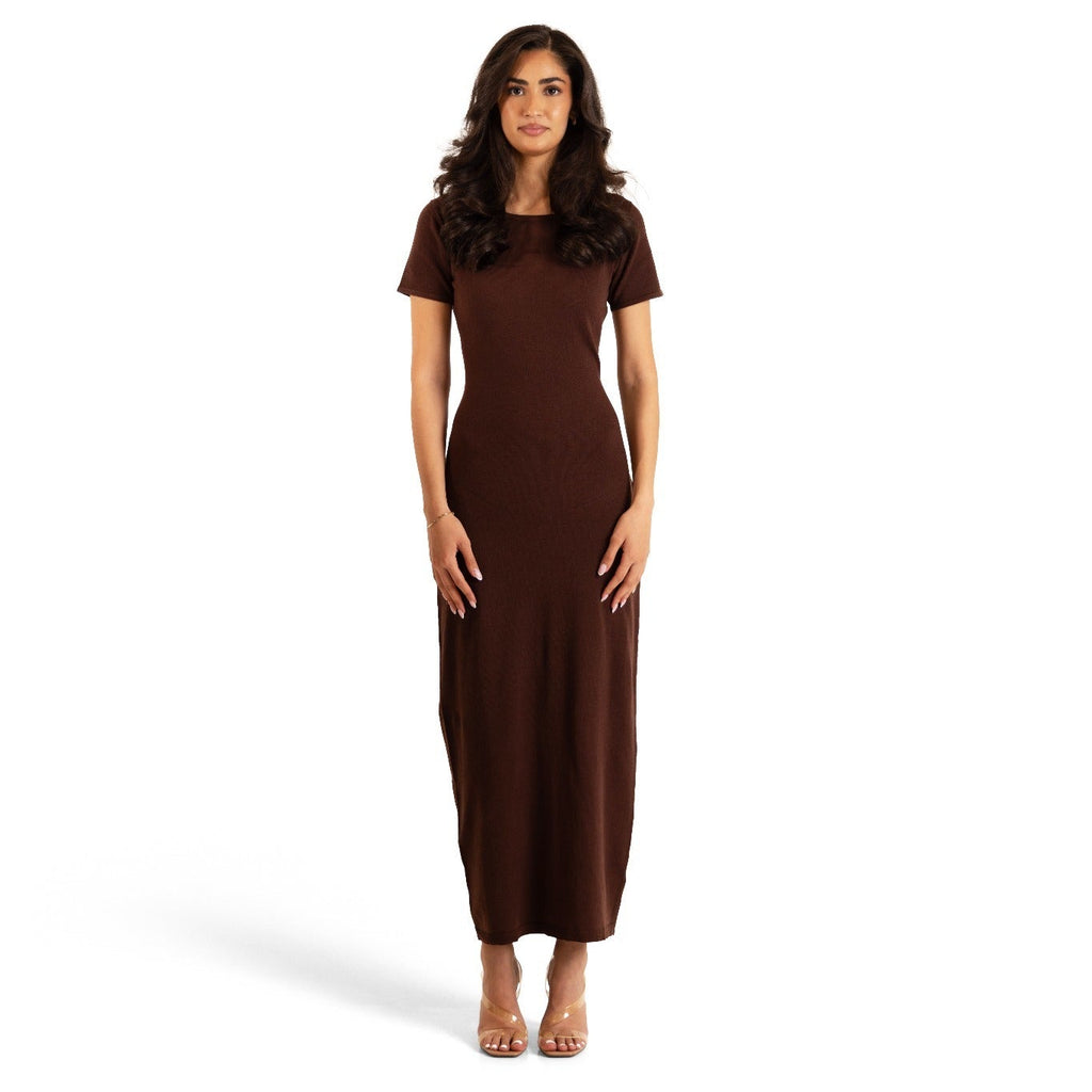 Chocolate Brown Sienna knitted maxi underdress, front pose showing the short sleeves and long modest silhouette.