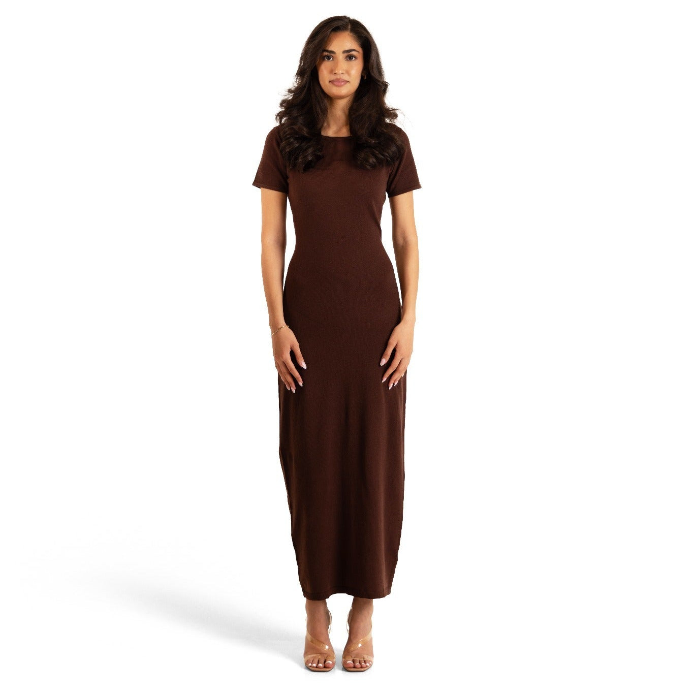 Chocolate Brown Sienna knitted maxi underdress, front pose showing the short sleeves and long modest silhouette.