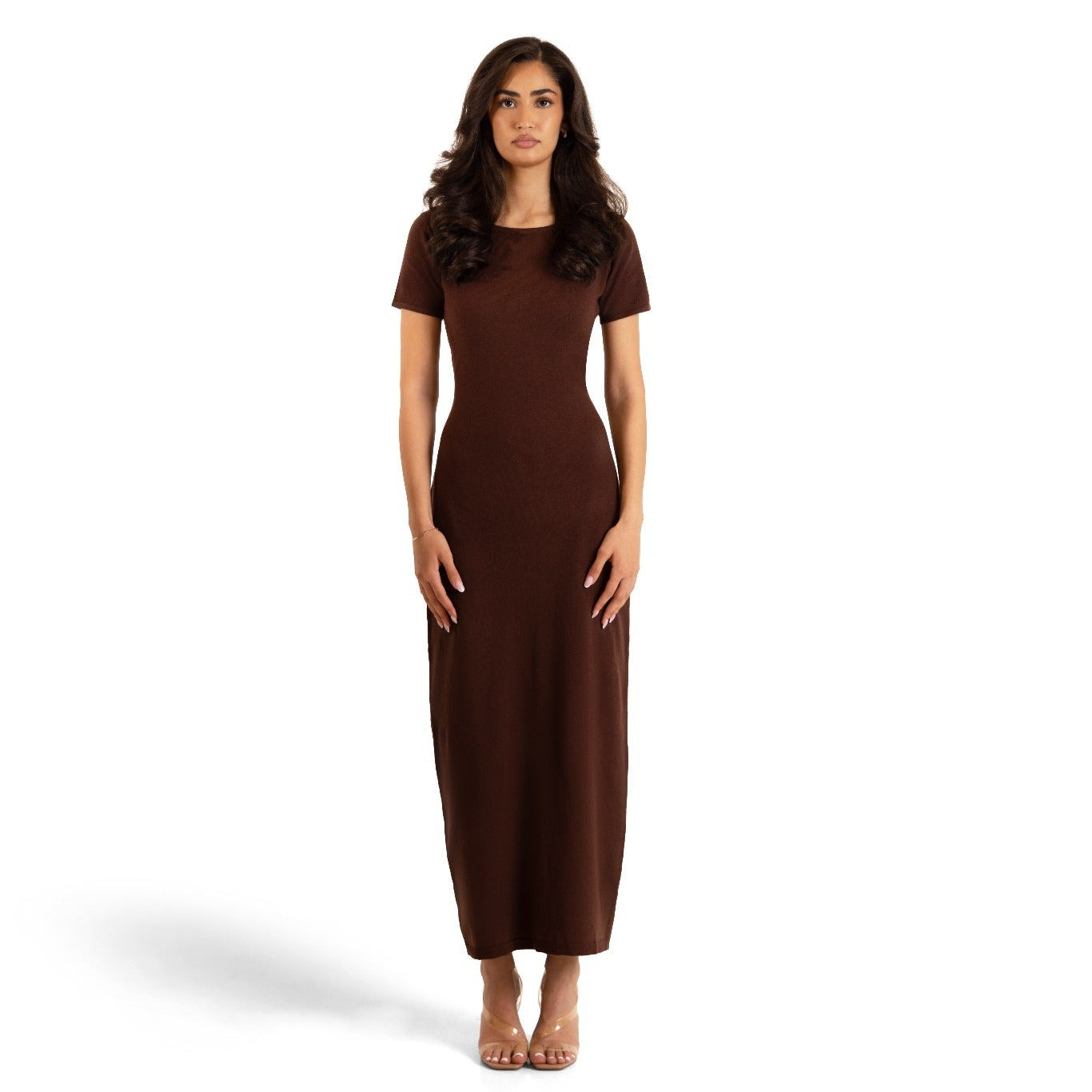 Chocolate Brown knitted maxi underdress from the Sienna 3-piece cardigan and dress set, full-length standalone view.