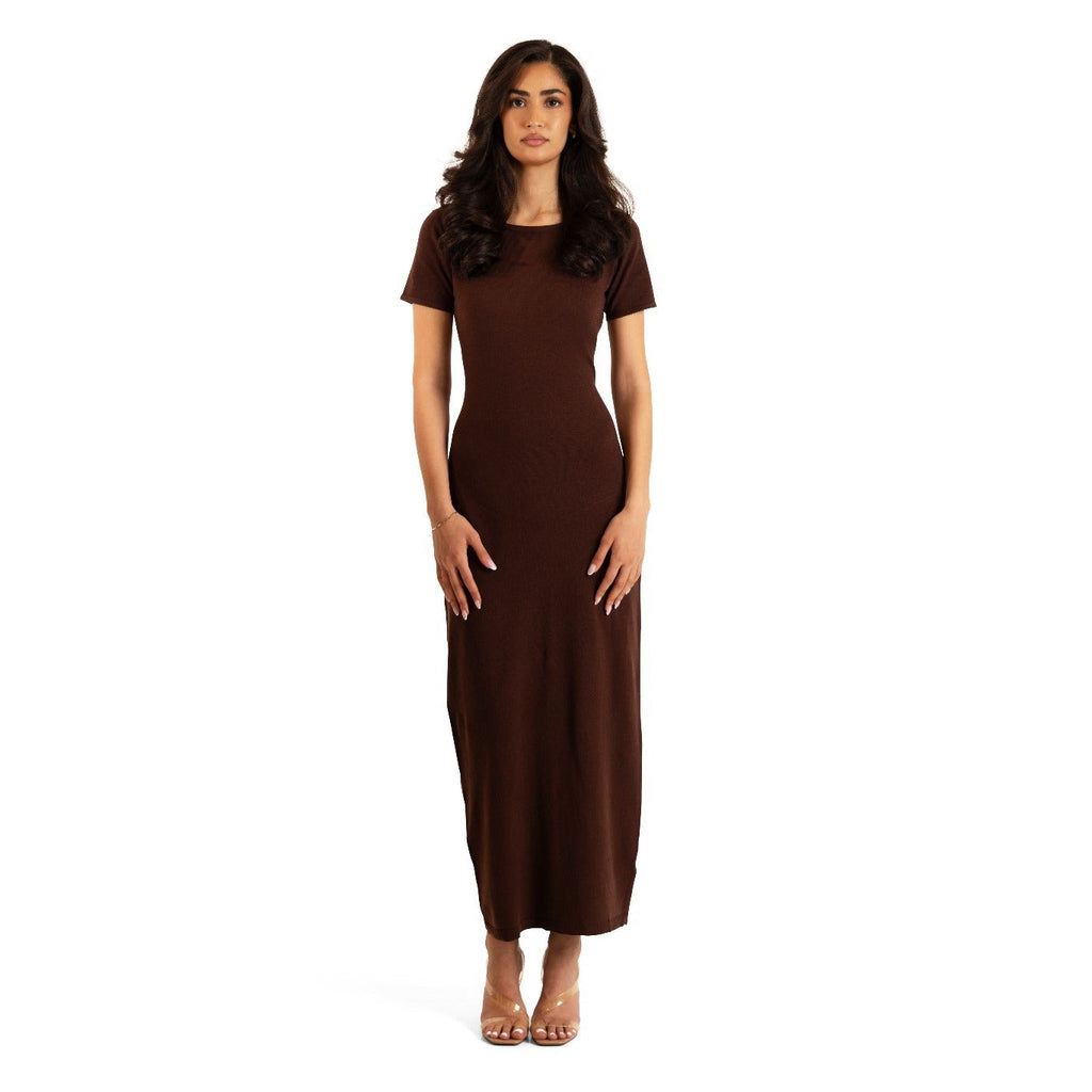 Chocolate Brown knitted maxi underdress from the Sienna 3-piece cardigan and dress set, full-length front view.