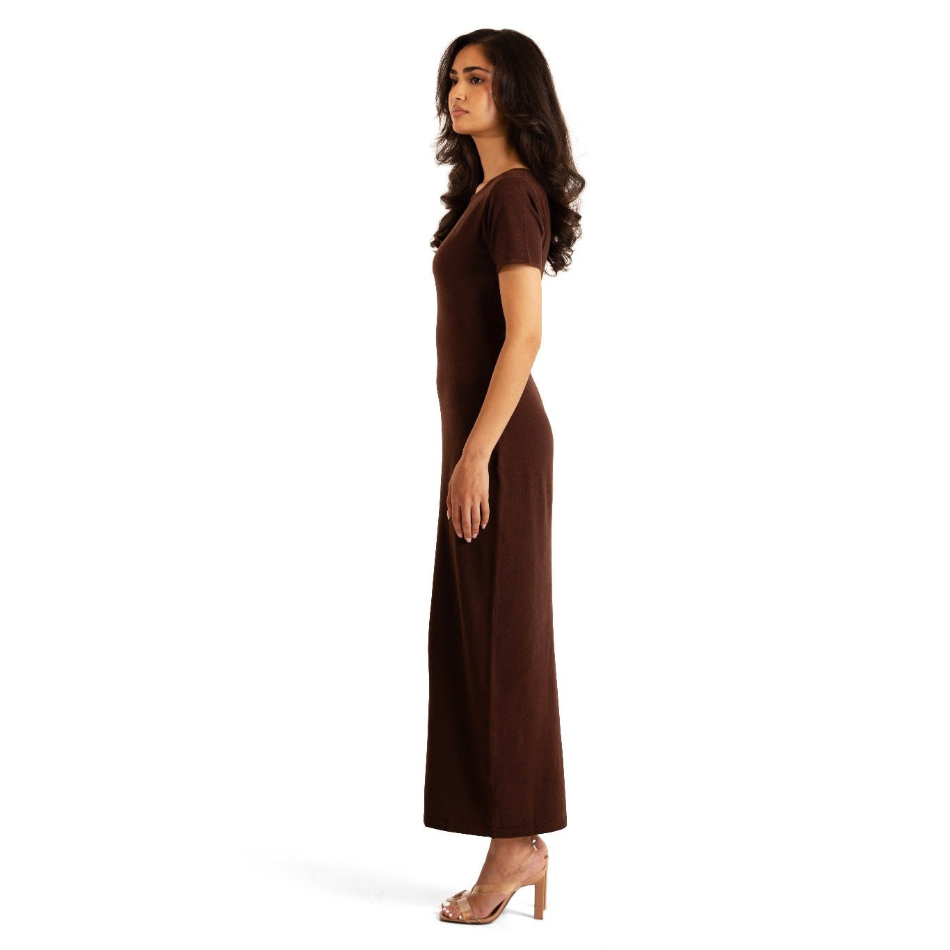 Chocolate Brown knitted maxi underdress from the Sienna 3-piece set, alternate full-length standalone view.