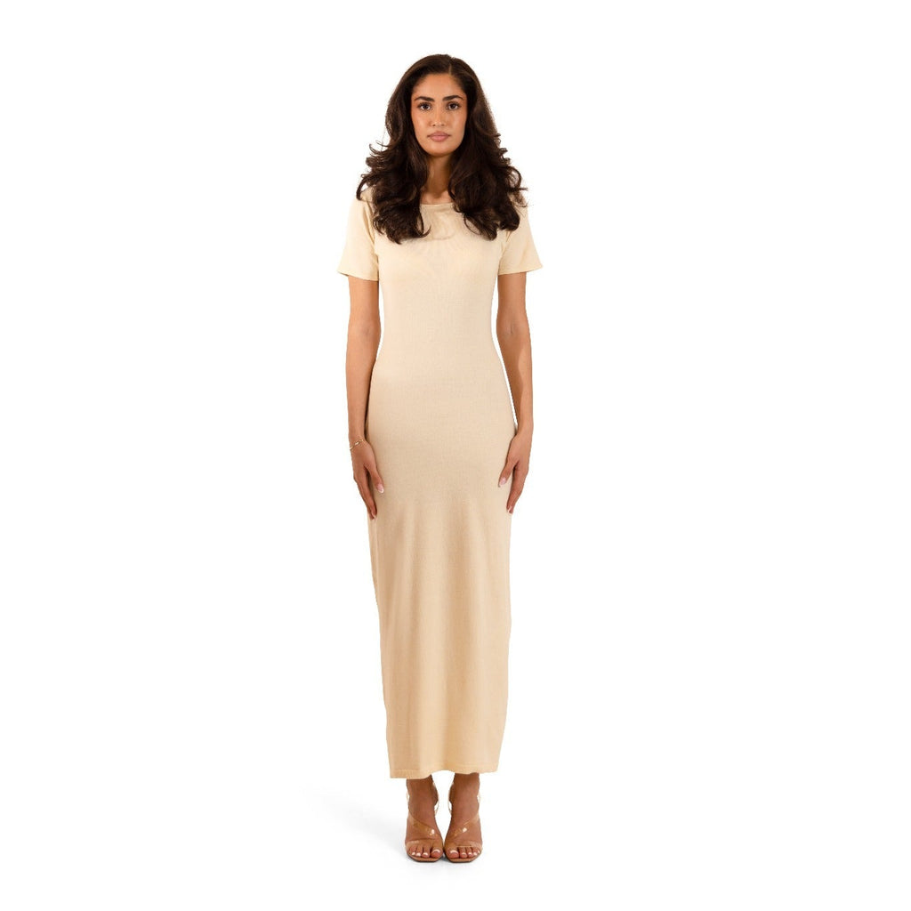 Ivory Cream knitted maxi underdress from the Sienna 3-piece cardigan and dress set, full-length standalone view.
