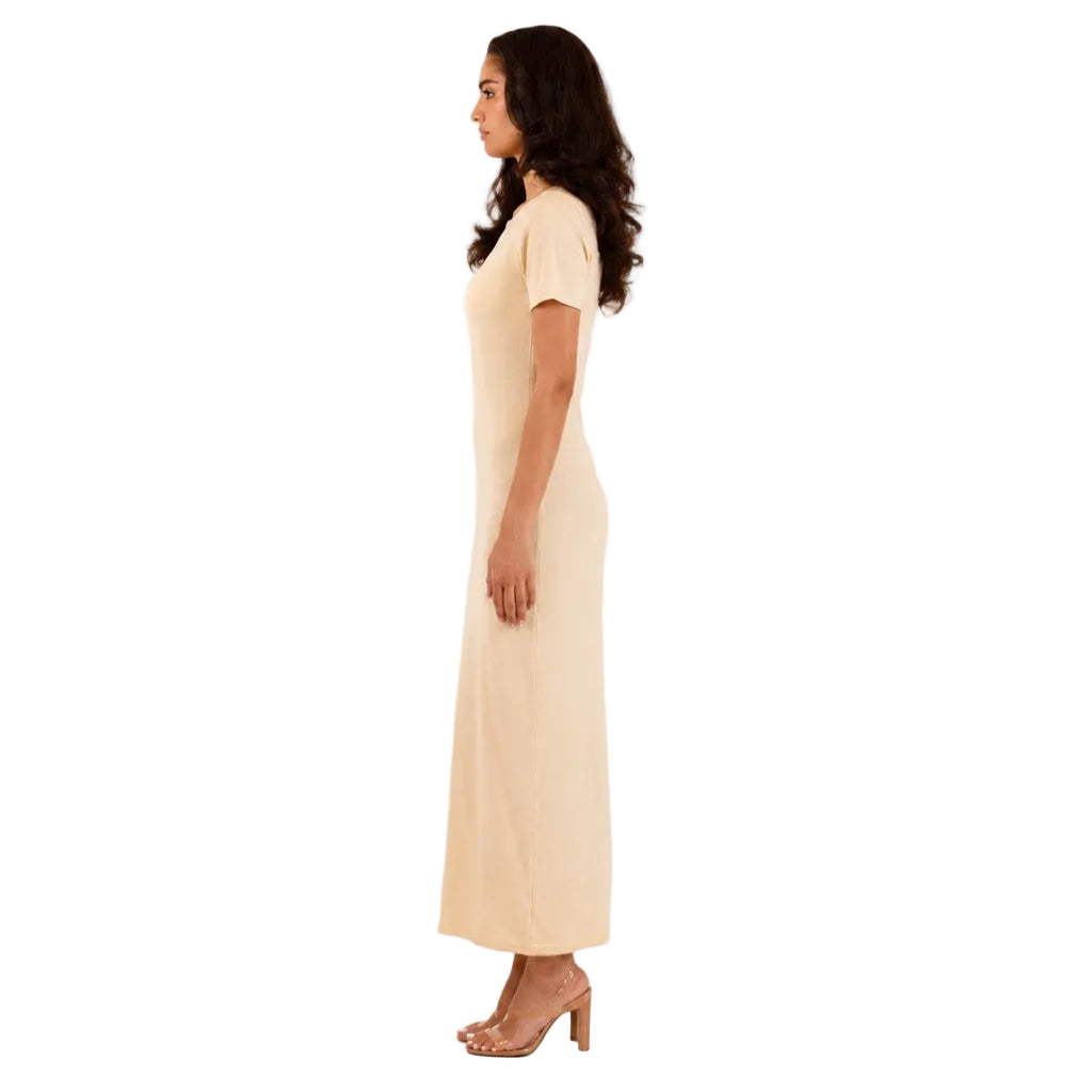 Ivory Cream knitted maxi underdress from the Sienna 3-piece set, full-length left side profile view.