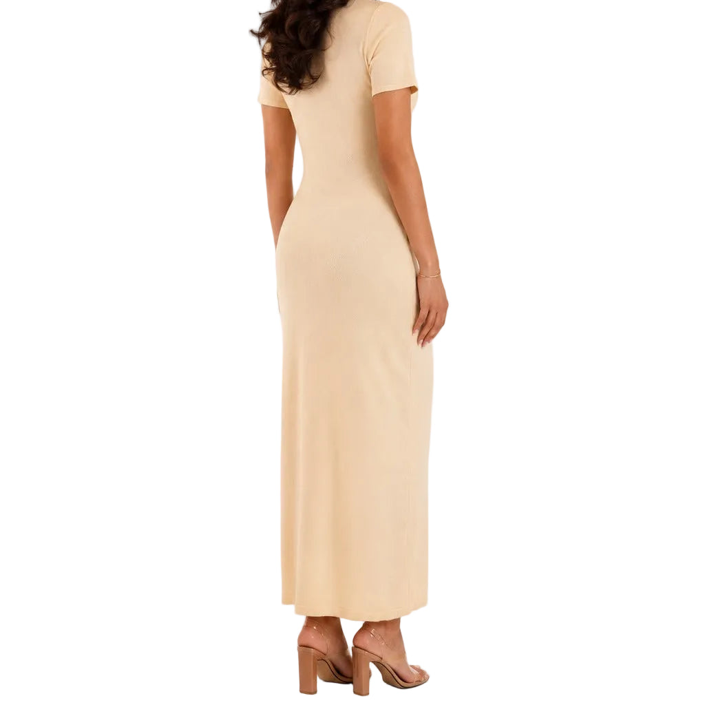 Ivory Cream Sienna knitted maxi underdress, three-quarter back view showing the clean ankle-length silhouette.