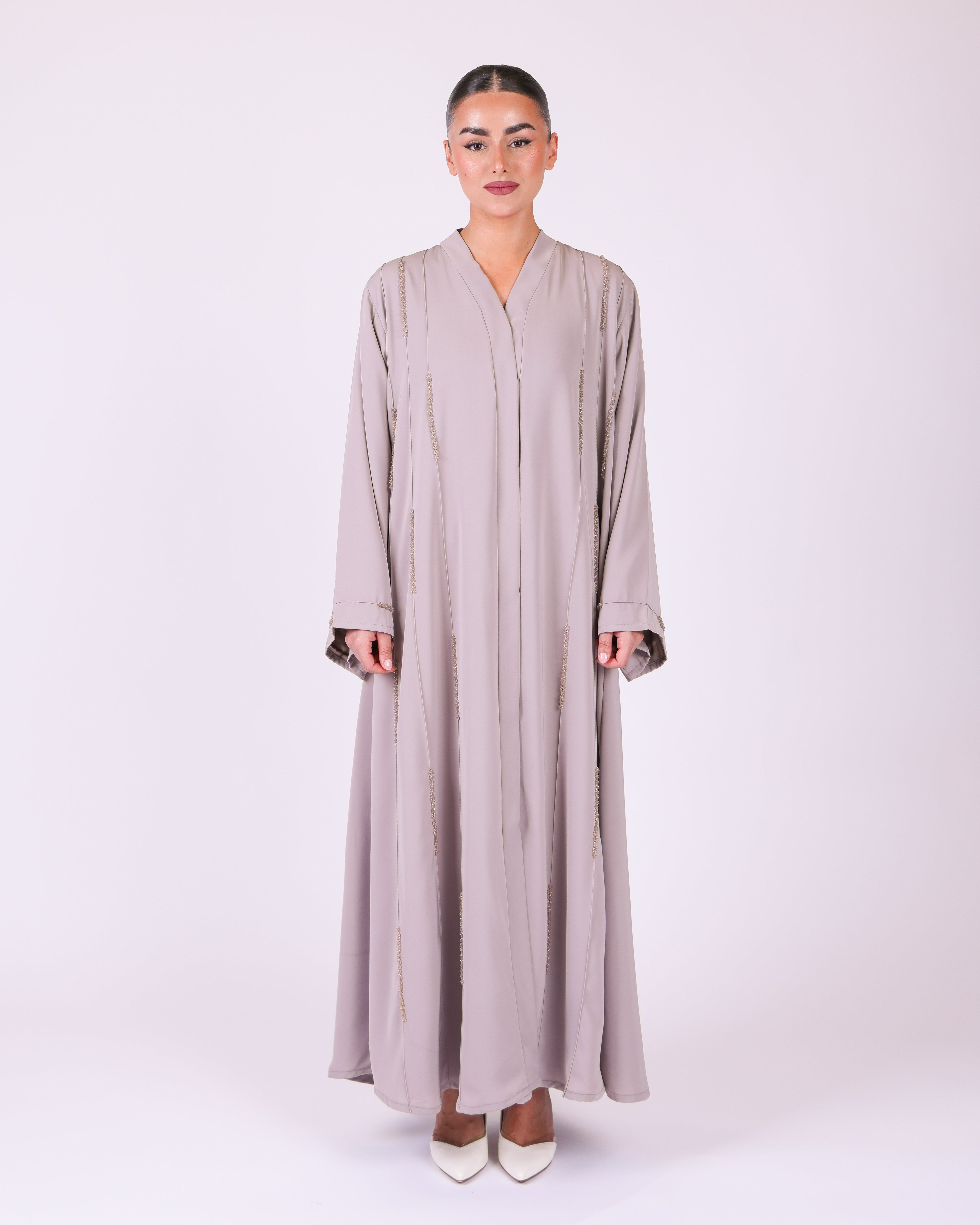 Stone Beige Malaika hand-embellished abaya in 100% silky polyamide – look 1