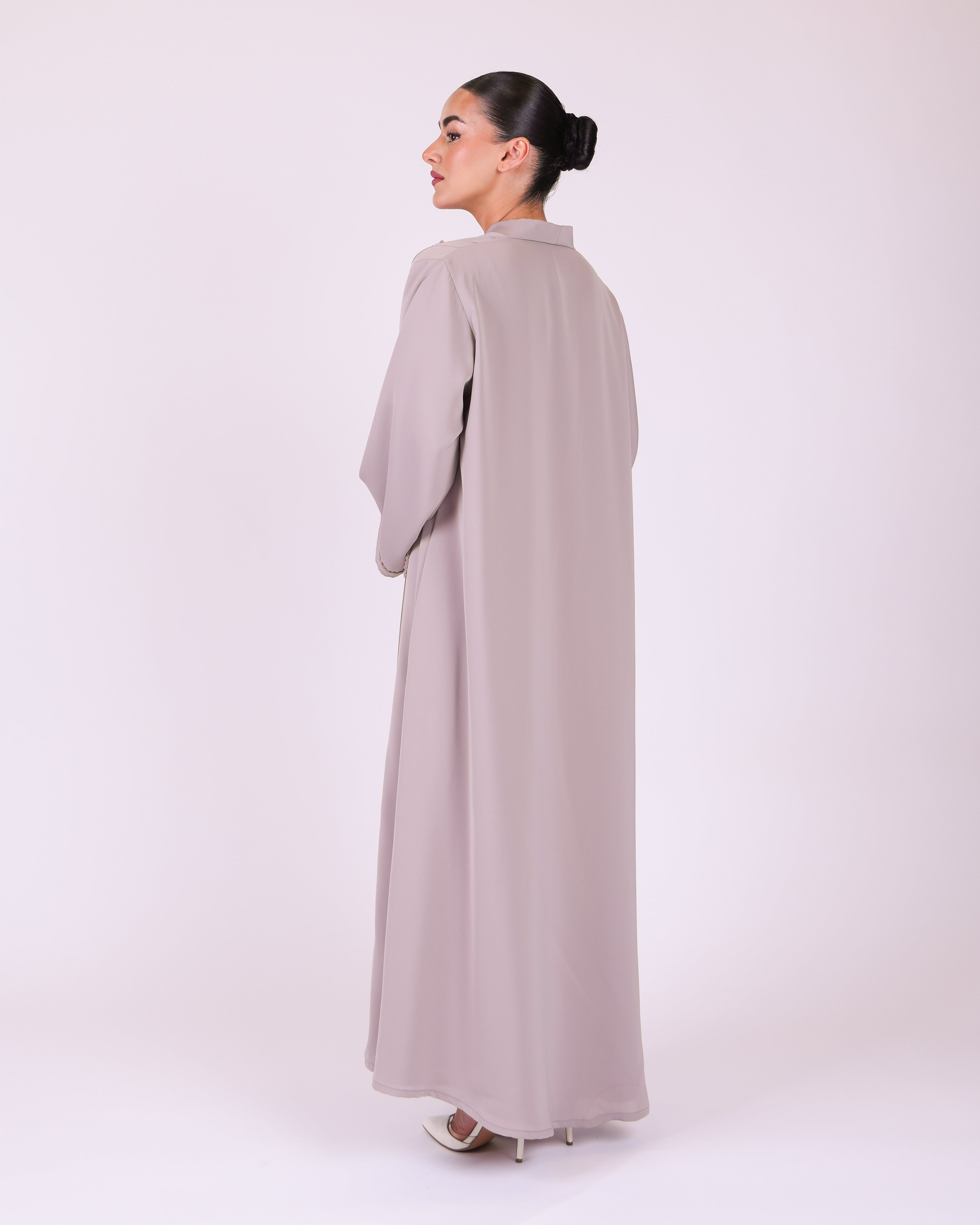 Stone Beige Malaika hand-embellished abaya in 100% silky polyamide – look 2