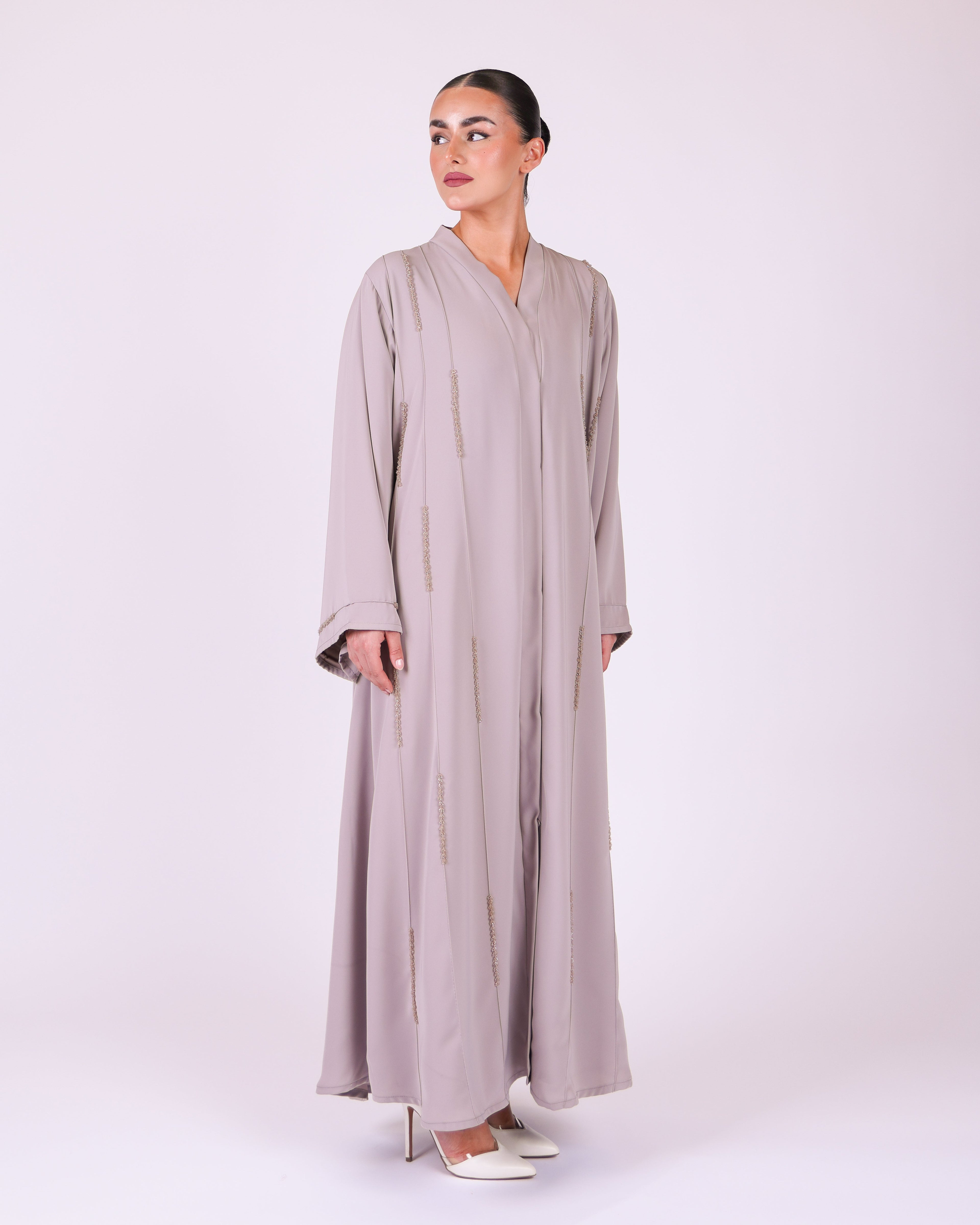 Stone Beige Malaika hand-embellished abaya in 100% silky polyamide – look 3